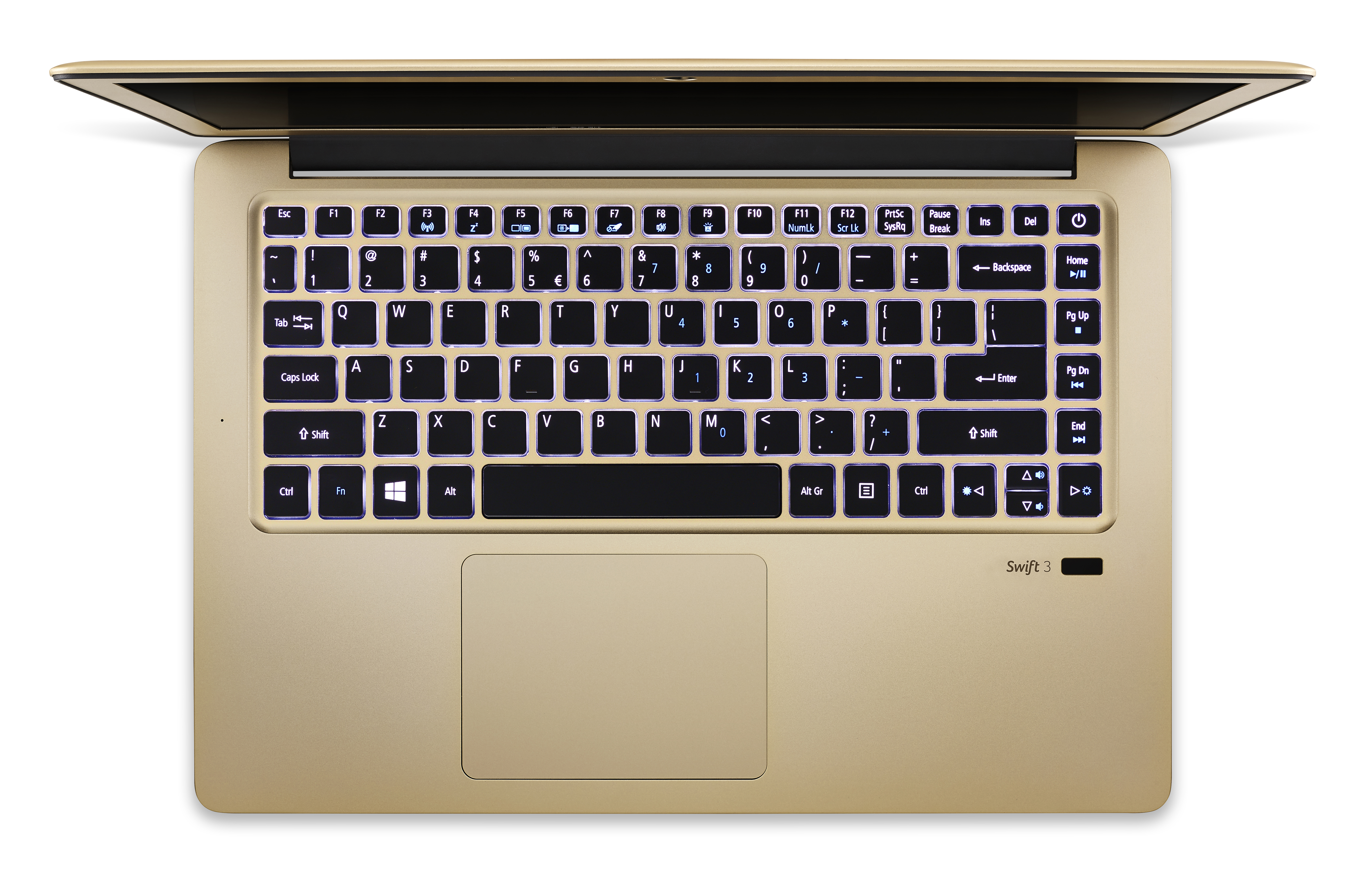 Ansicht von oben eines geöffneten goldenen Laptops mit beleuchteter Tastatur und Trackpad vor weißem Hintergrund.