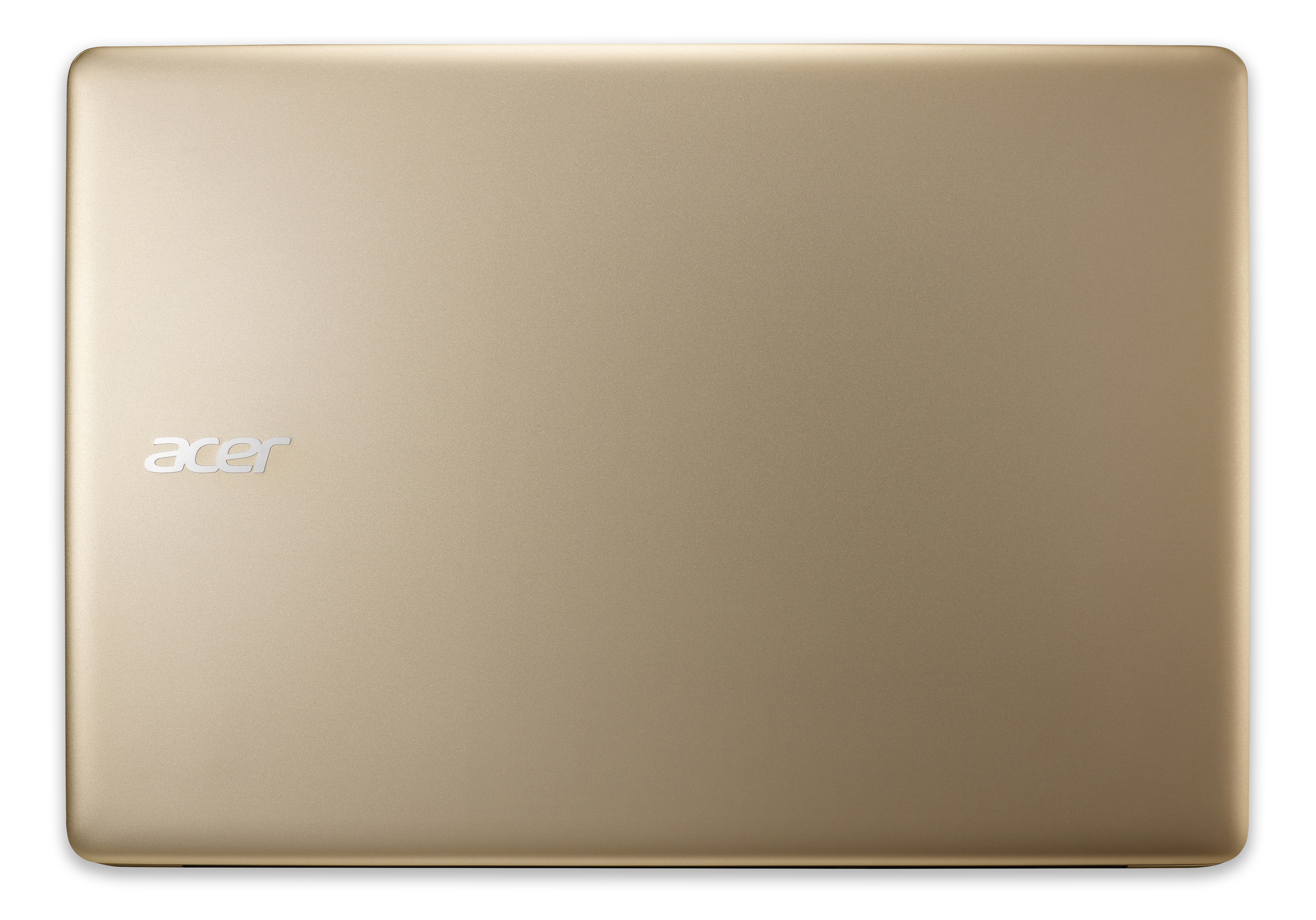 Geschlossener goldener Acer-Laptop von oben mit silbernem Logo.