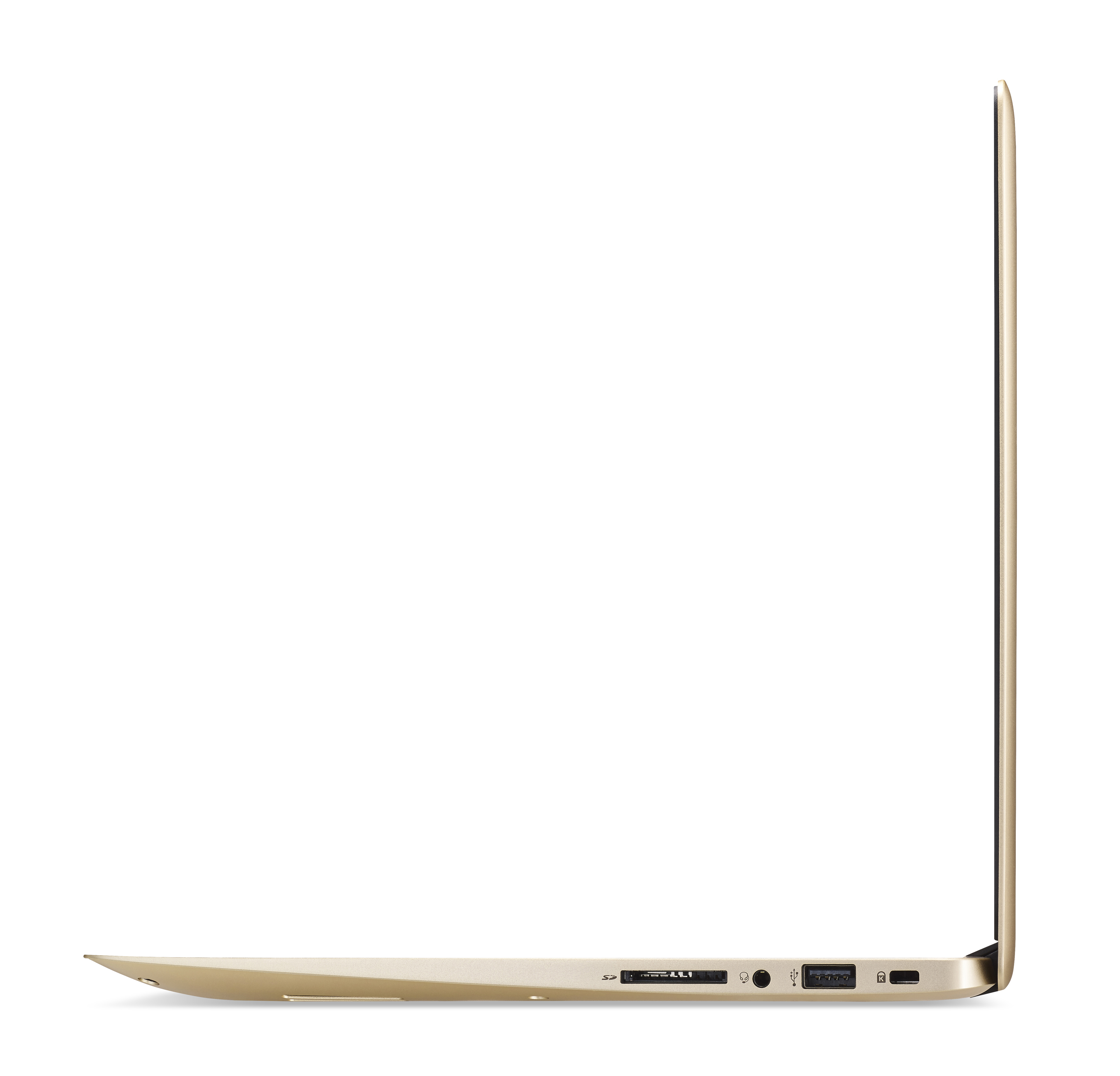Seitenansicht eines dünnen goldenen Laptops mit sichtbaren Anschlüssen.