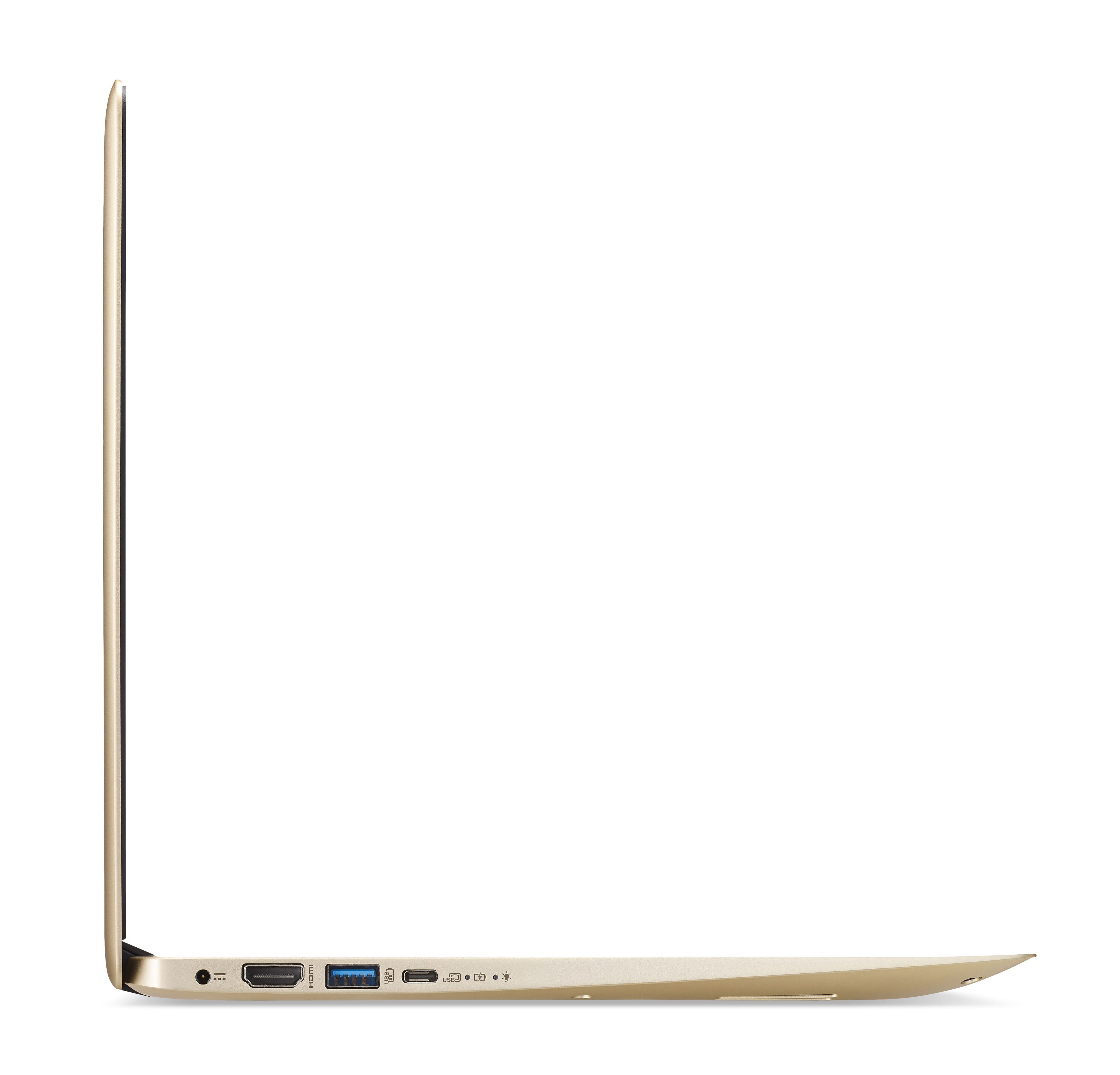 Seitenansicht eines dünnen Gold-Laptops mit verschiedenen Anschlüssen wie HDMI, USB und USB-C.