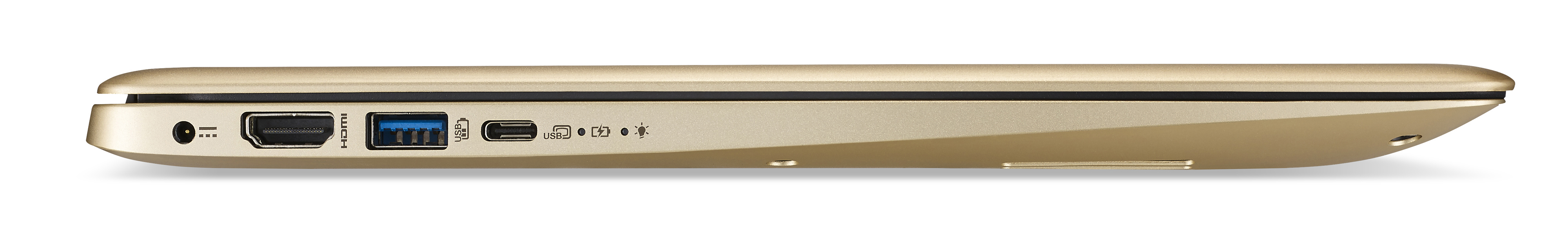 Seitenansicht eines goldenen Laptops mit Netzanschluss, HDMI-, USB- und USB-C-Anschlüssen.