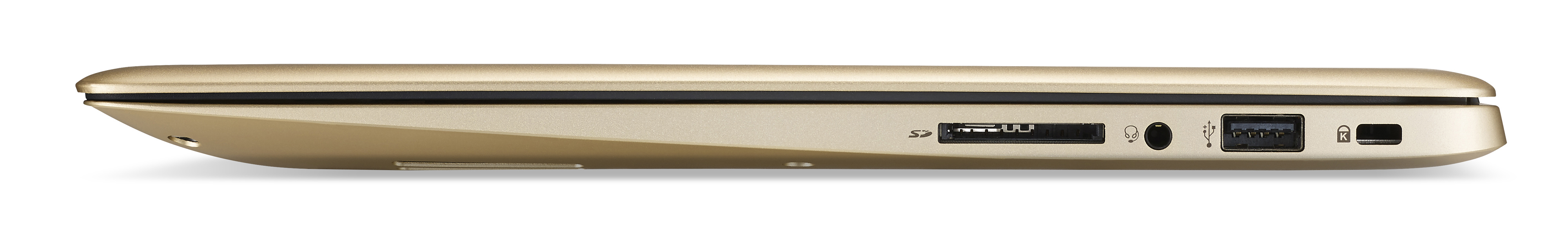 Seitenansicht eines goldenen Laptops mit Anschlüssen wie SD-Kartensteckplatz, Audioanschluss, USB und Schloss.