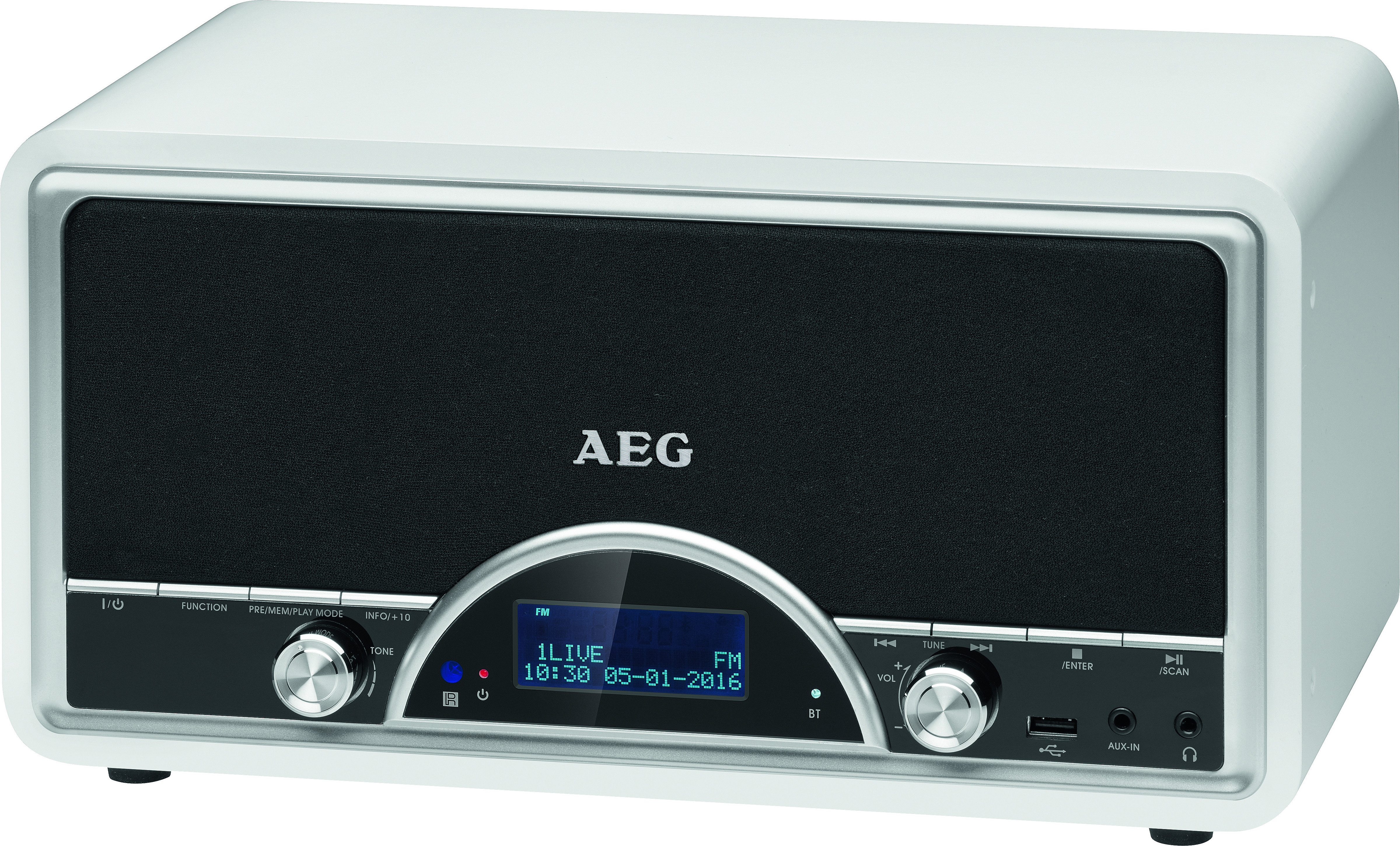 Weißes und silbernes AEG-Radio mit schwarzem Lautsprecher, blauem Display und Knöpfen.