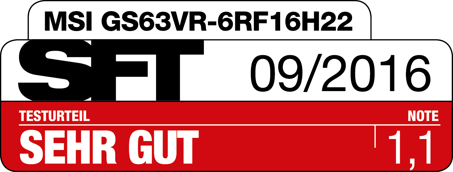 MSI GS63VR-6RF16H22 Bewertung: Sehr Gut, 09/2016, Note 1.1.