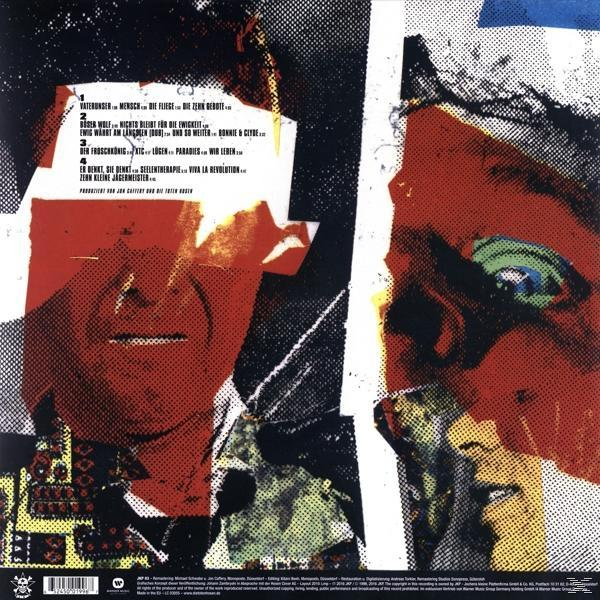 Rückseite eines Albumcovers. Zwei Gesichter mit bunten Details. Der Text ist auf Deutsch.