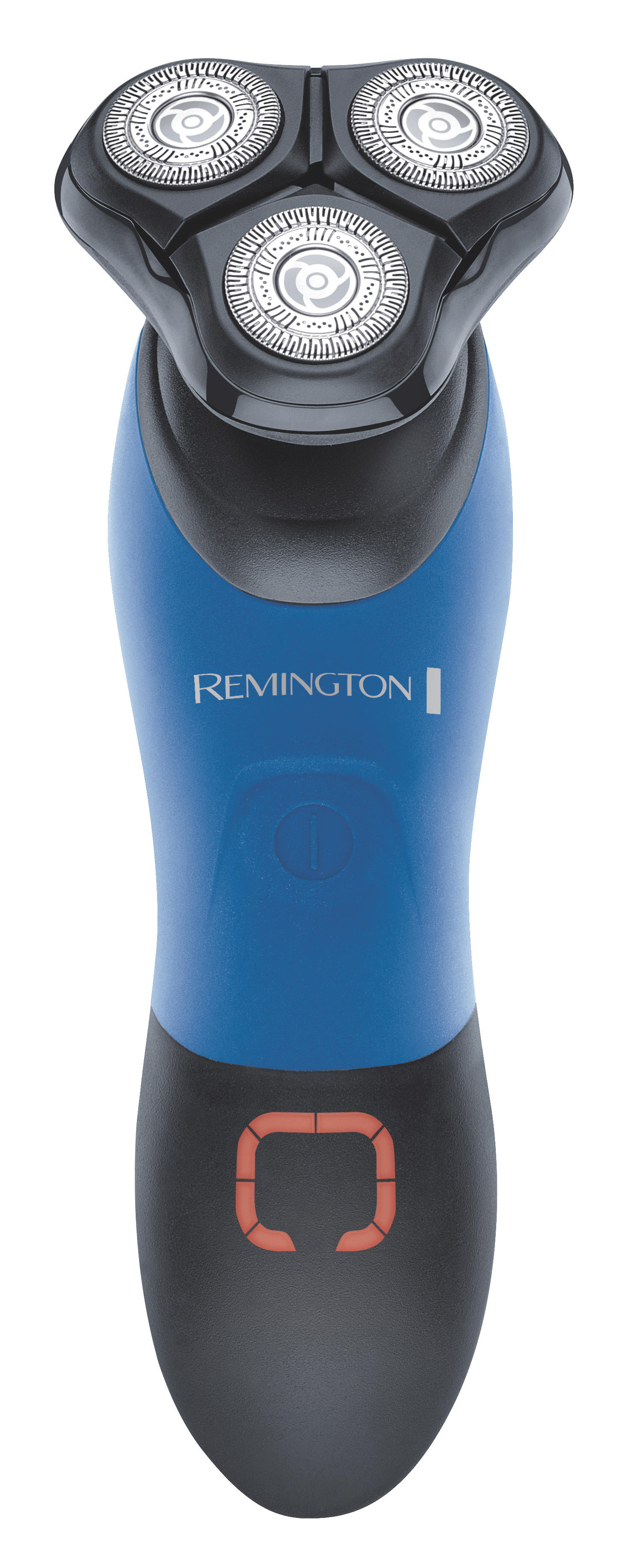 Blauer und schwarzer elektrischer Rasierer von Remington mit drei rotierenden Köpfen. Weißer Hintergrund.