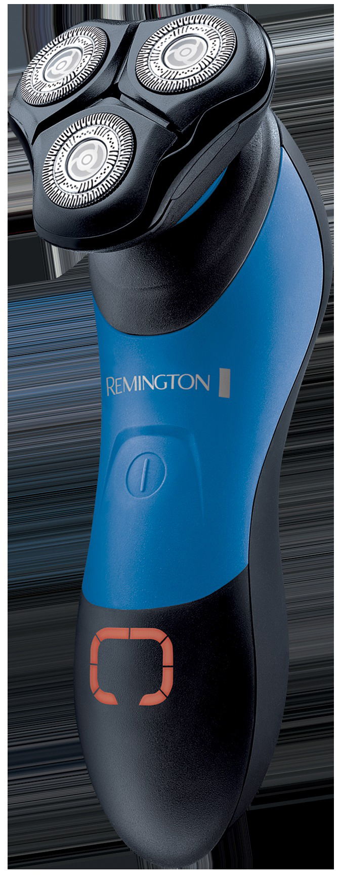 Schwarzer und blauer Elektrorasierer. Drei Rotationsköpfe. Markenname Remington auf dem blauen Griff.