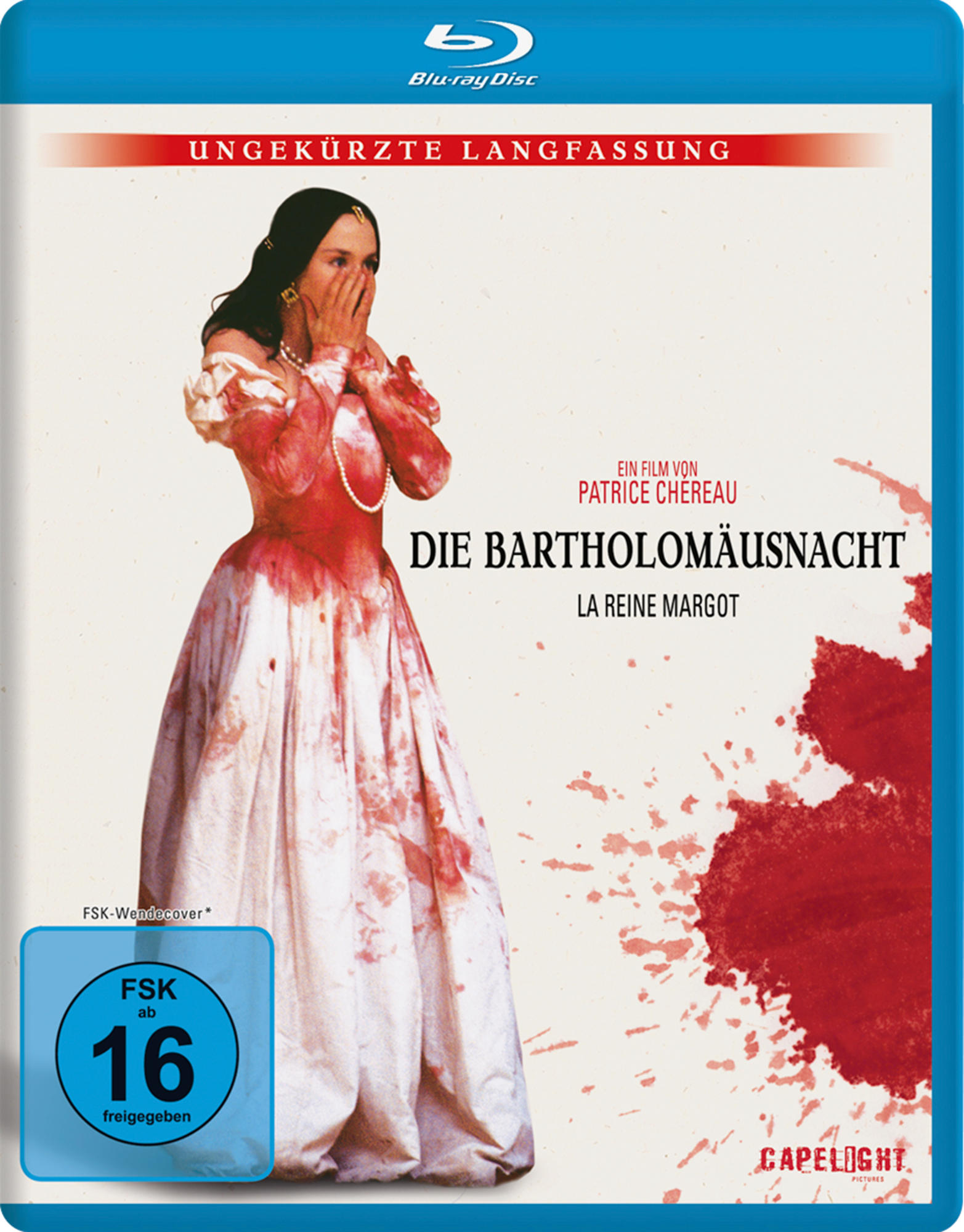 Ein DVD-Cover. Eine Frau in einem blutbefleckten Kleid. Der Text lautet 'Die Bartholomäusnacht'.