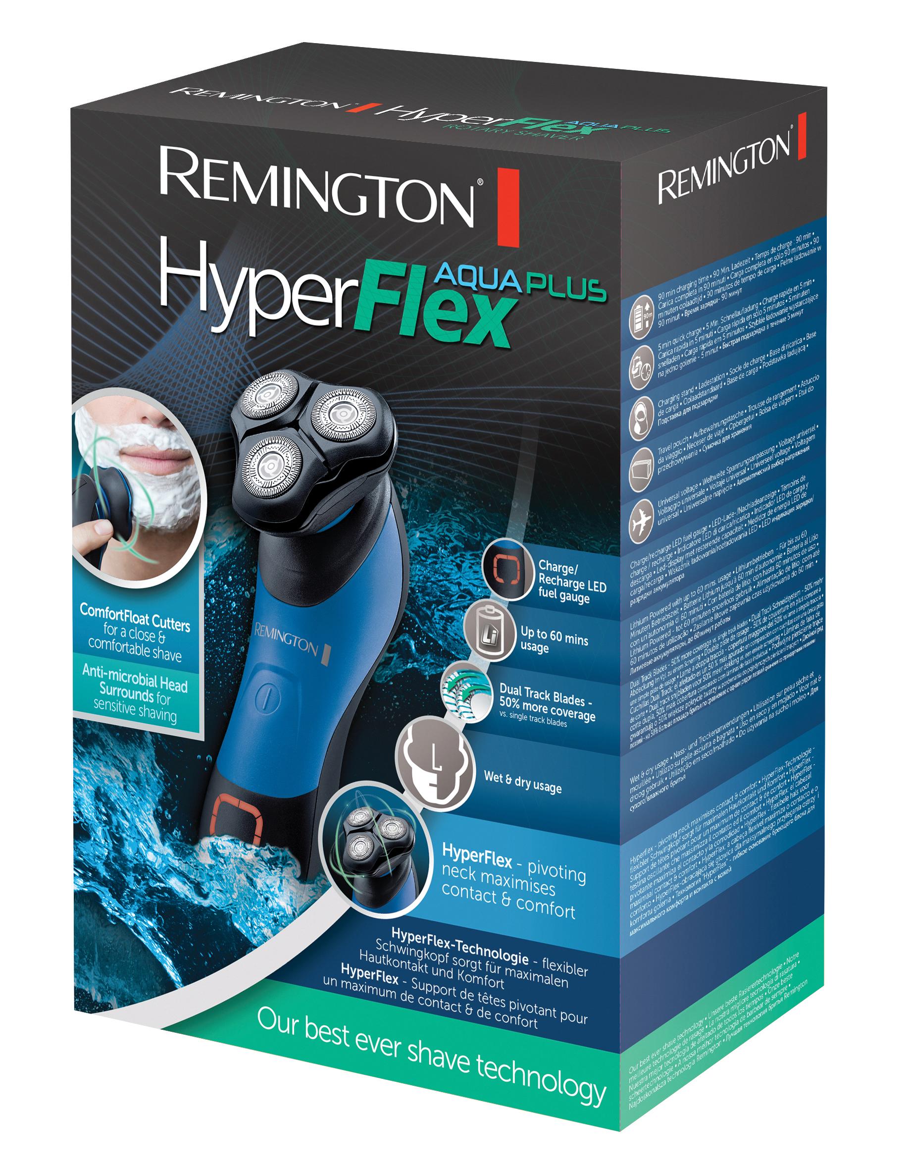 Schachtel eines Remington HyperFlex Aqua Plus Rasierers. Blaue und schwarze Farben. Verschiedene Texte und Bilder.