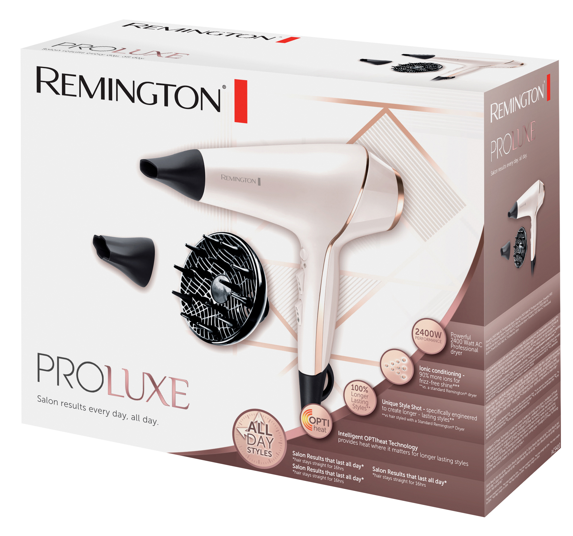 Sèche-cheveux blanc avec embout et diffuseur, sur une boîte blanche. Marque : Remington.