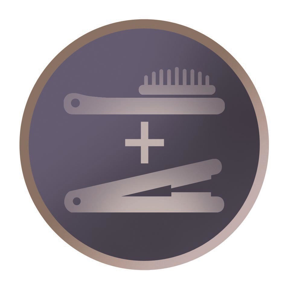 Icona con spazzola e piastra per capelli su cerchio viola con bordo dorato, sfondo bianco.