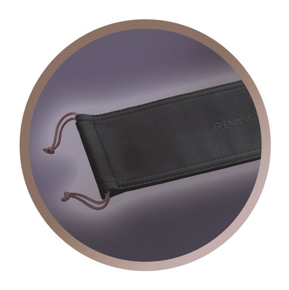 Un astuccio nero, simile alla pelle, con cordoncini marroni, all'interno di una cornice circolare viola-marrone.