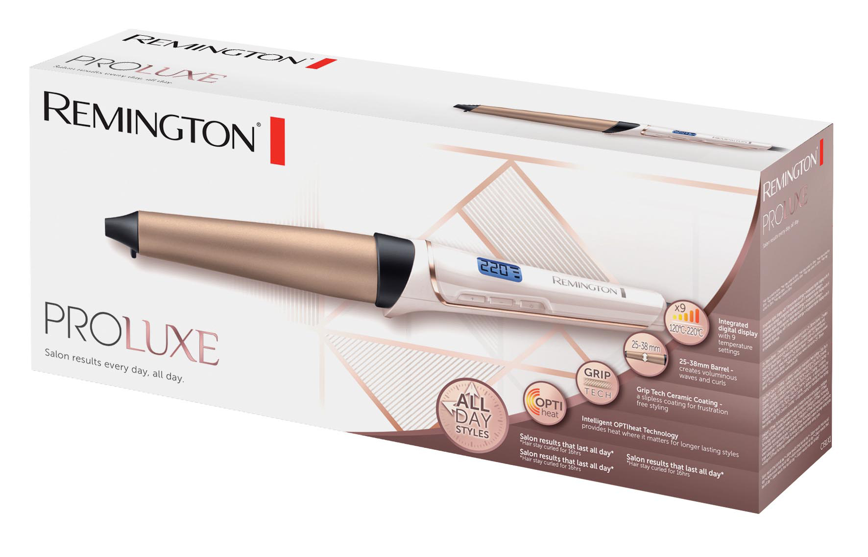Schachtel des Remington ProLuxe Lockenstabs, weiß und roségold, mit Beschreibung.