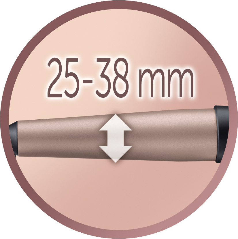 Nahaufnahme eines Lockenstabs, der eine Messung von 25-38 mm mit einem Pfeil zur Anzeige der Einstellung zeigt.