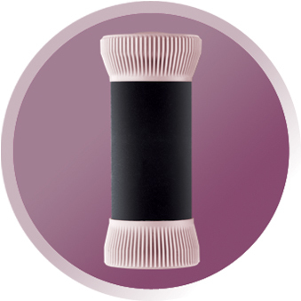 Appareil cylindrique, noir avec extrémités côtelées roses, fond violet.