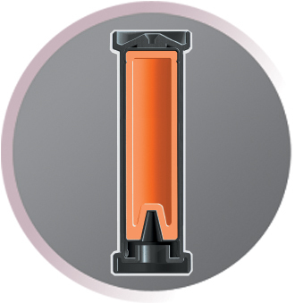 Coupe transversale d'une batterie. La batterie orange est dans un boîtier noir et un cercle gris.