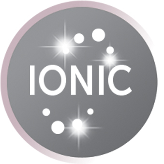 Un cercle gris avec des étincelles blanches à l'intérieur, avec le mot 'IONIC' en lettres blanches.