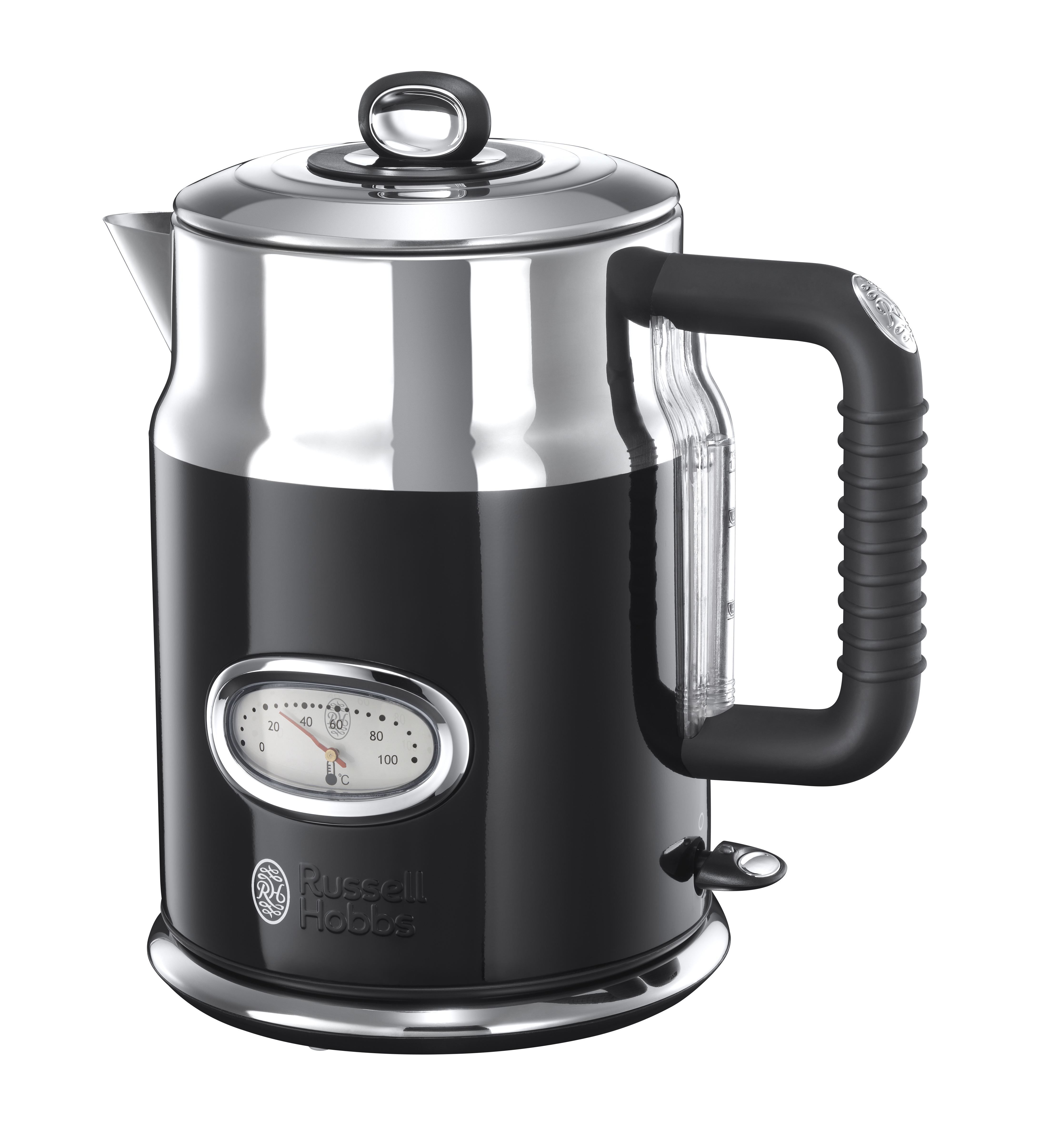 Black and silver electric kettle with a temperature gauge and black handle.