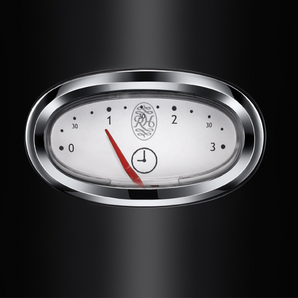 Black appliance dial with chrome trim. Red needle pointing to 1 on a white face.