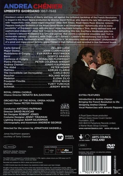 DVD-Cover: Oper 'Andrea Chénier'. Schauspieler, Bühnenbild und Textelemente. Warner Classics Logo und Text.