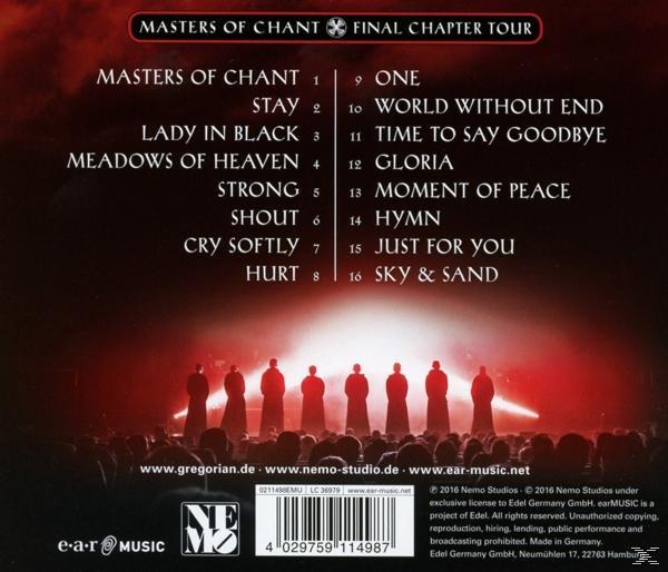 CD-Rückseite mit Songtiteln, einer Silhouettenmenge und einem rot-schwarzen Hintergrund. Text: Masters of Chant Final Chapter Tour.