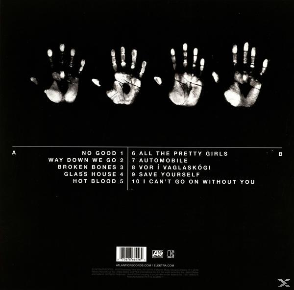Schwarze Vinyl-Rückseite. Handabdrücke, Tracklist und Künstler/Label-Infos sind in weißem Text aufgeführt.