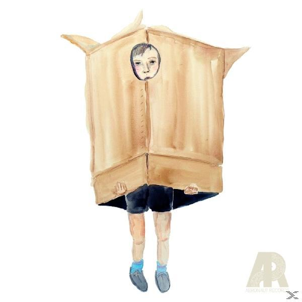 Eine Person in einem Pappkarton-Kostüm mit bemaltem Gesicht, Aquarellstil auf weißem Hintergrund.