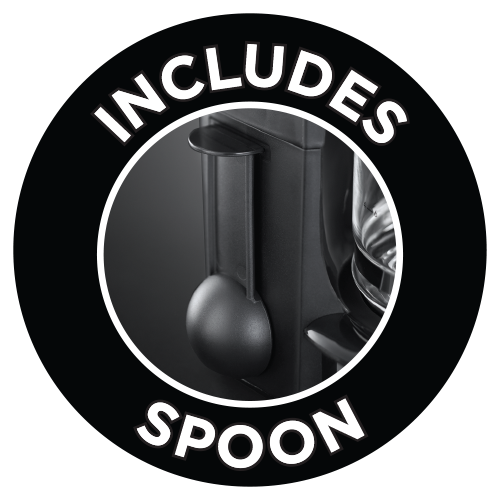 Schwarzer Kreis mit einem Löffel-Symbol. Die Worte „INCLUDES SPOON“ stehen in Weiß um den Löffel herum.