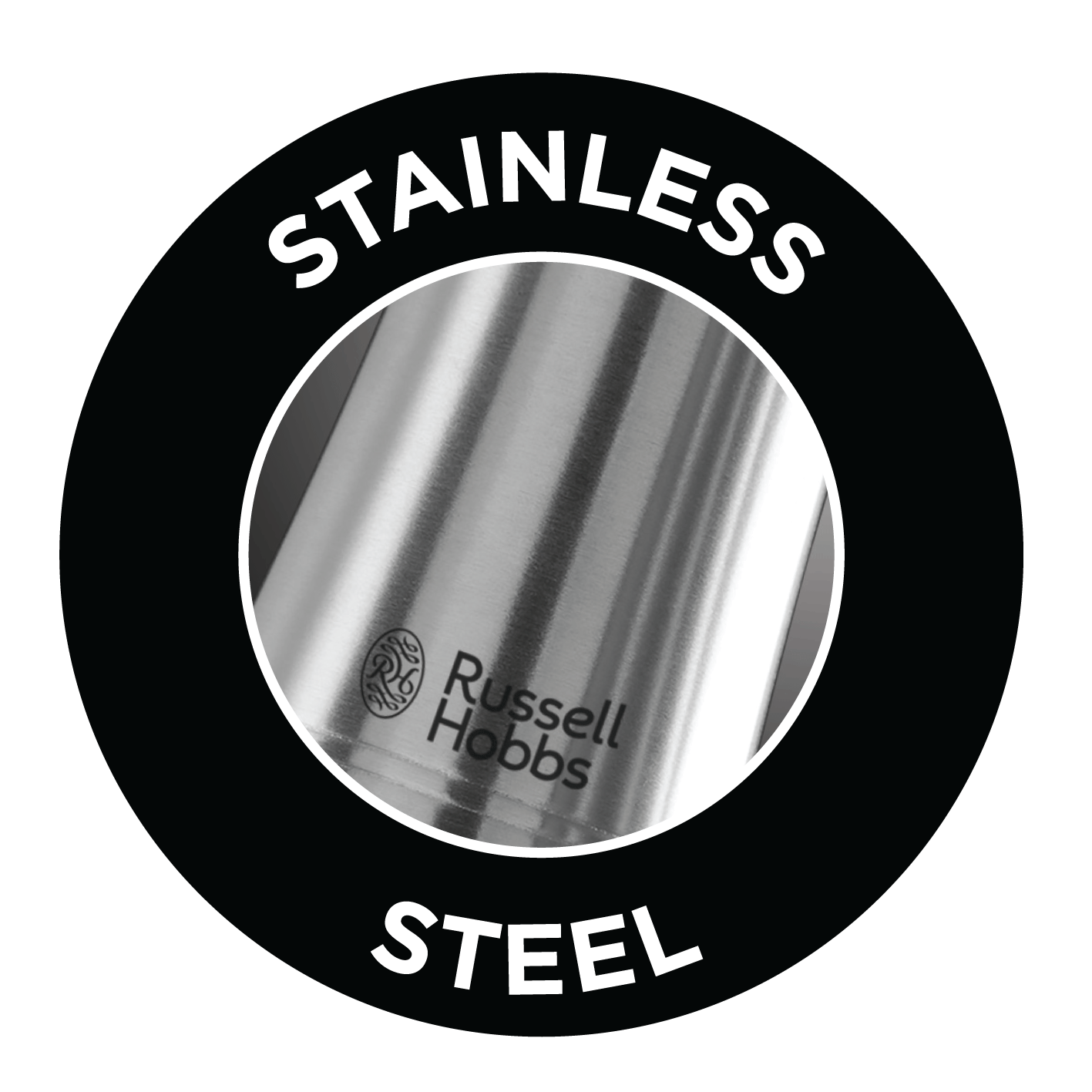 Nahaufnahme einer Edelstahl-Oberfläche mit 'Russell Hobbs'-Logo und Text.