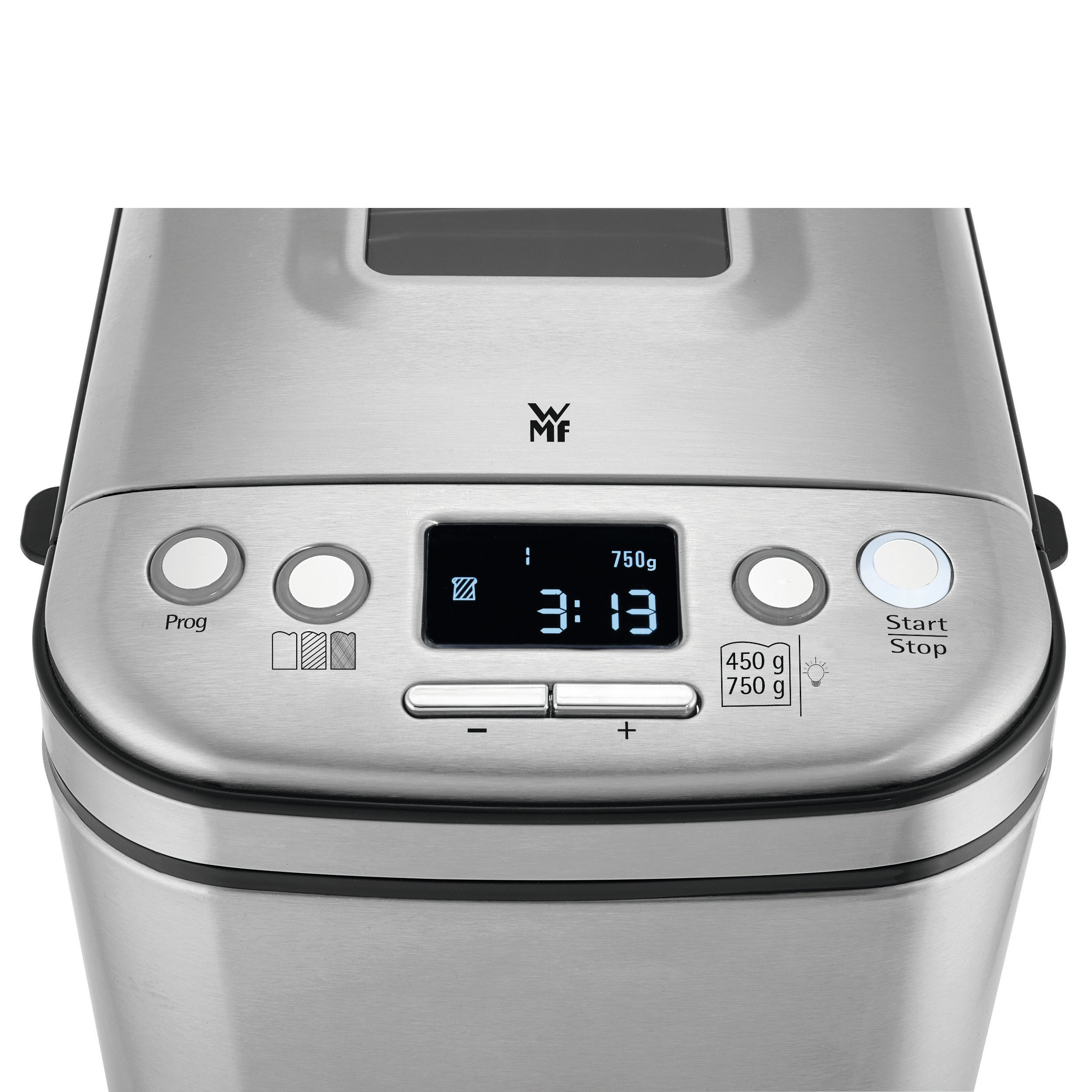 Edelstahl-Brotbackautomat mit digitaler Anzeige und Bedientasten.