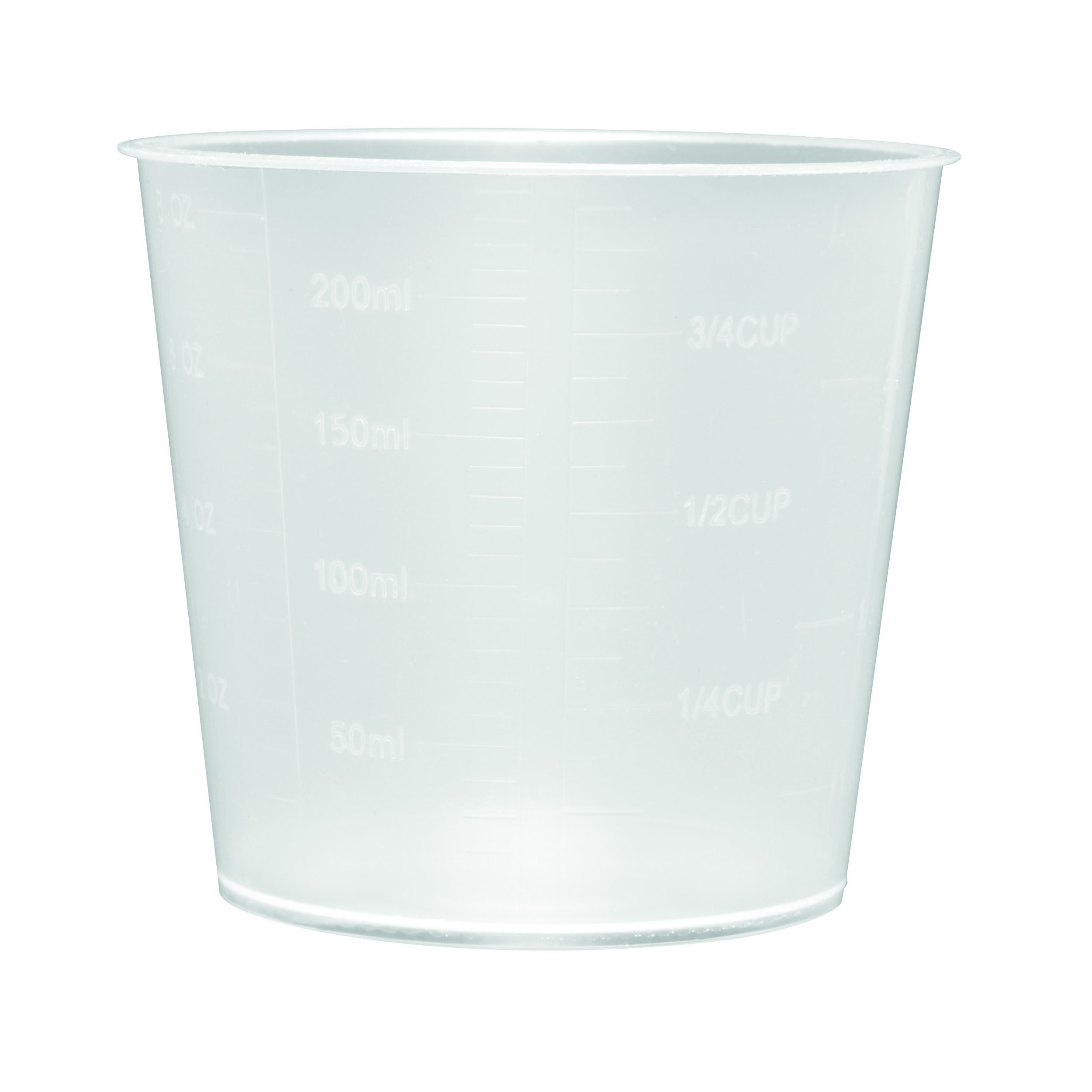 Ein durchsichtiger Messbecher mit Markierungen für Milliliter und Unzen.