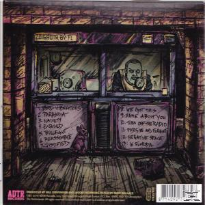 Albumcover mit einer cartoonartigen Illustration eines Ladens mit Text und einem Mann darin.