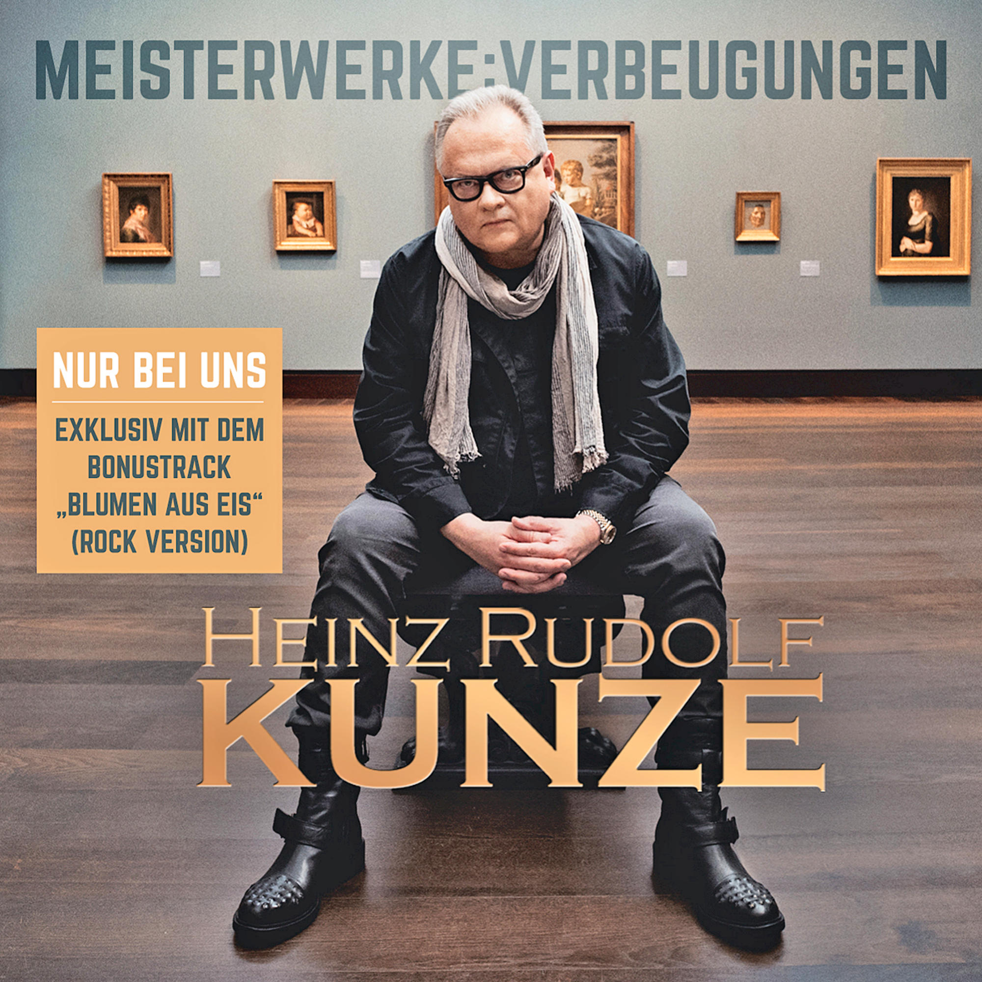Mann sitzt vor Gemälden. Der Text auf dem Albumcover lautet 'Heinz Rudolf Kunze'.