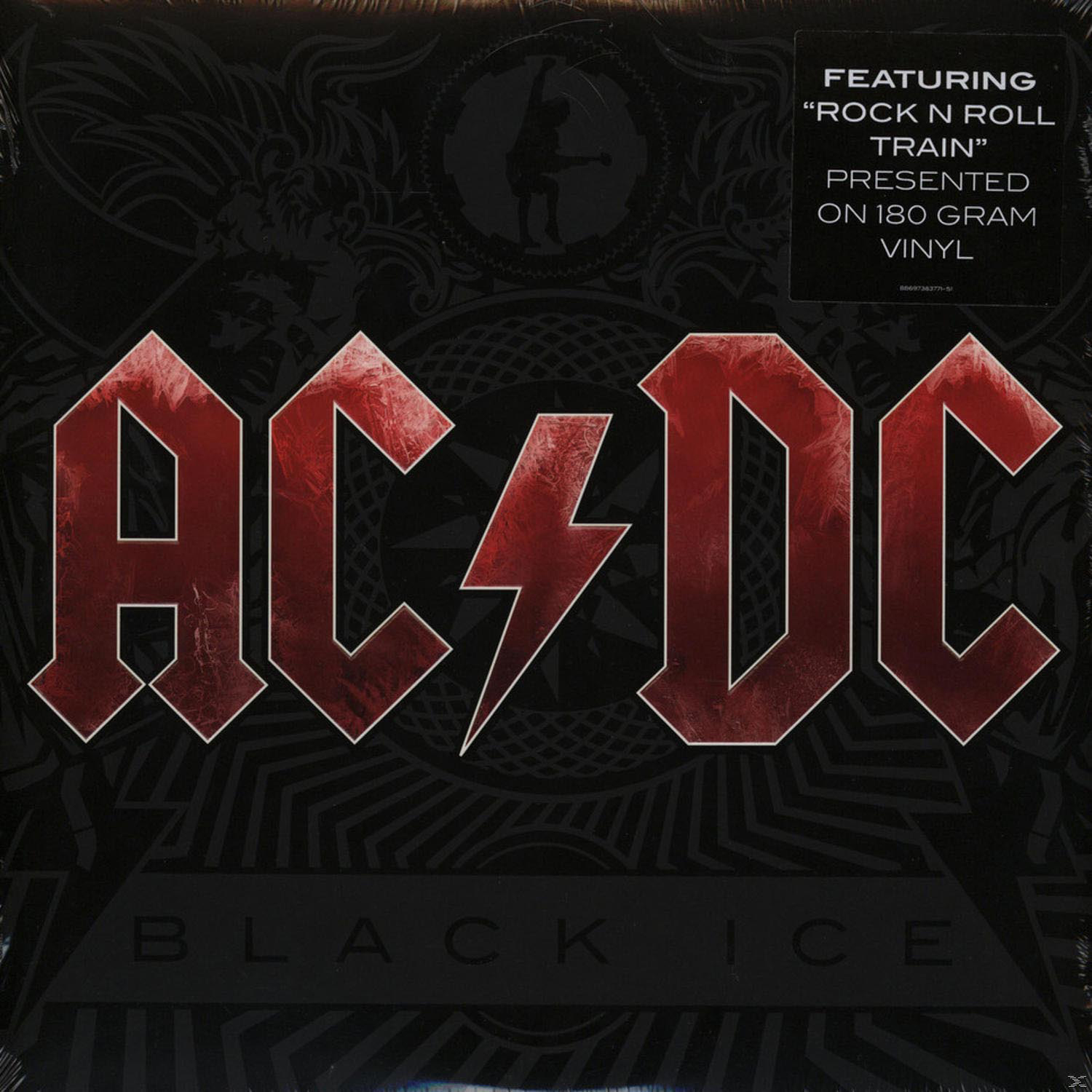 AC/DC 'Black Ice' Albumcover. Rotes AC/DC Logo mit Blitz auf schwarzem Hintergrund.