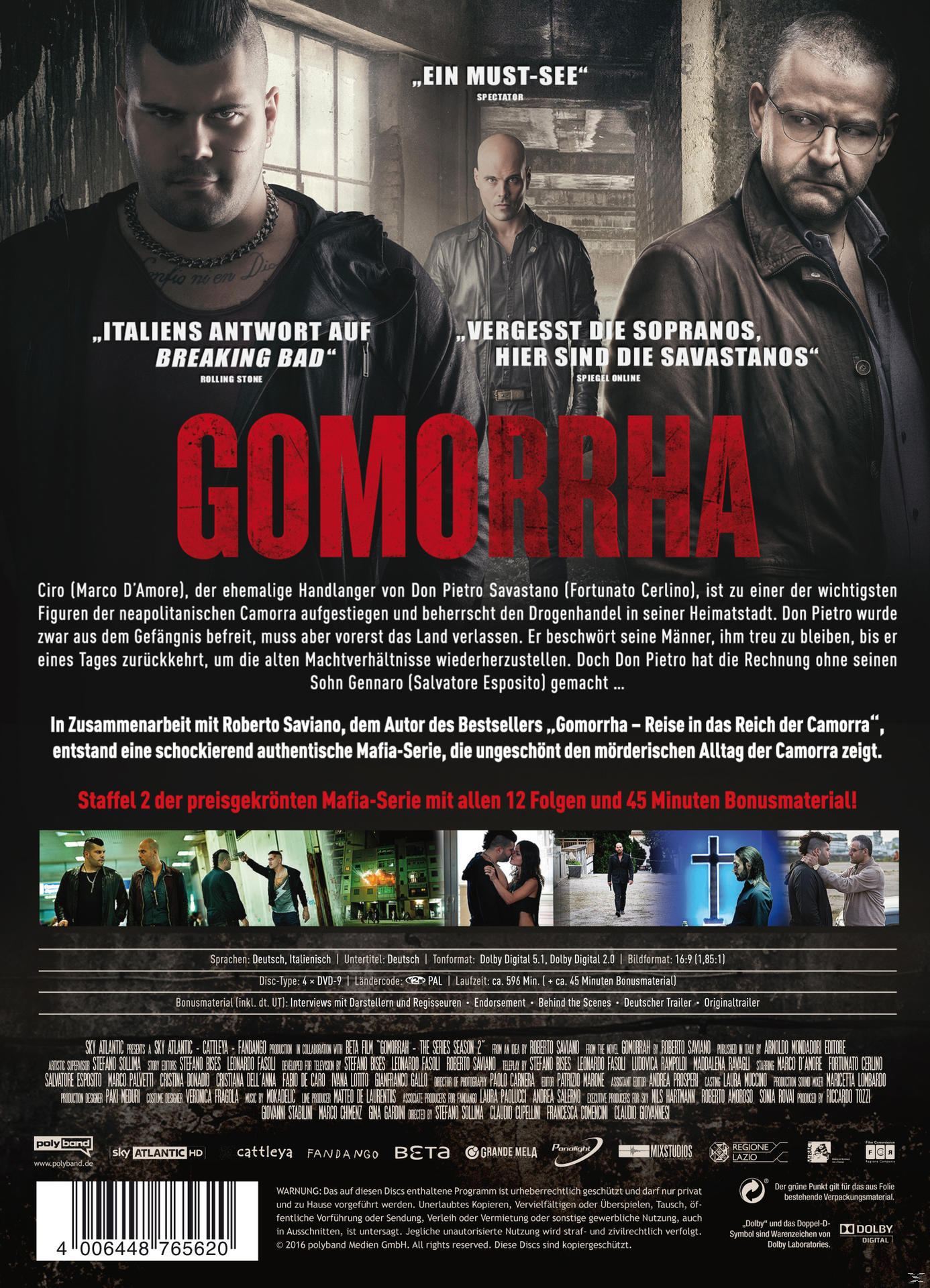 DVD-Cover mit streng blickenden Männern. Text: Gomorrha. Italienischer Text und Filmtitel.