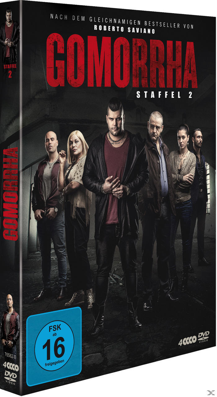DVD-Cover mit sechs Personen. Titel: Gomorrha, Staffel 2. Schauspieler in dunkler Kleidung. Hintergrund ist ein düsterer Industrieraum.