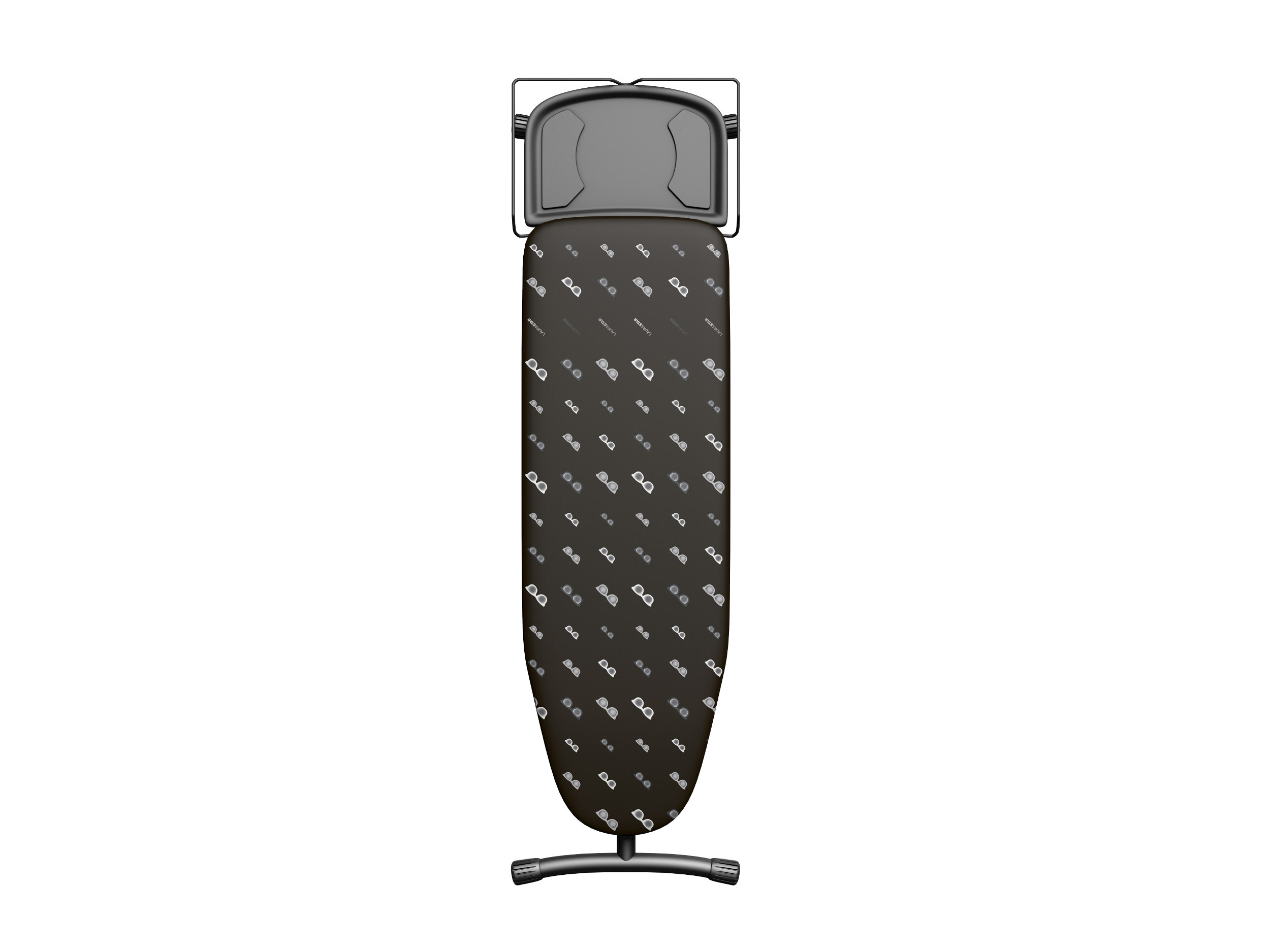 Bügelbrett, schwarzer Bezug mit gemustertem Design und Metallrahmen.
