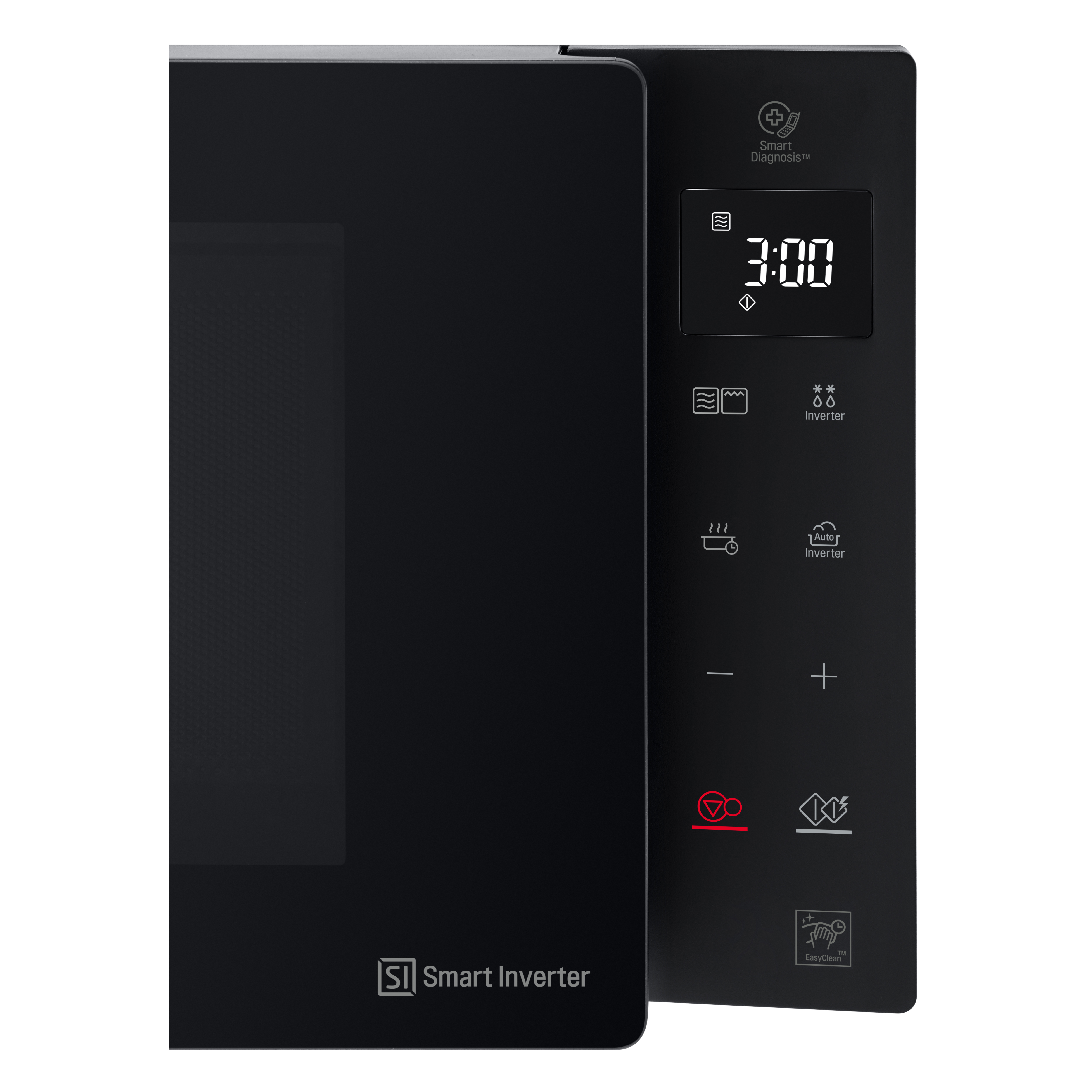 Schwarze Mikrowelle mit Digitalanzeige '3:00'. Bedienfeld mit Tasten. Farben: Schwarz, Weiß.