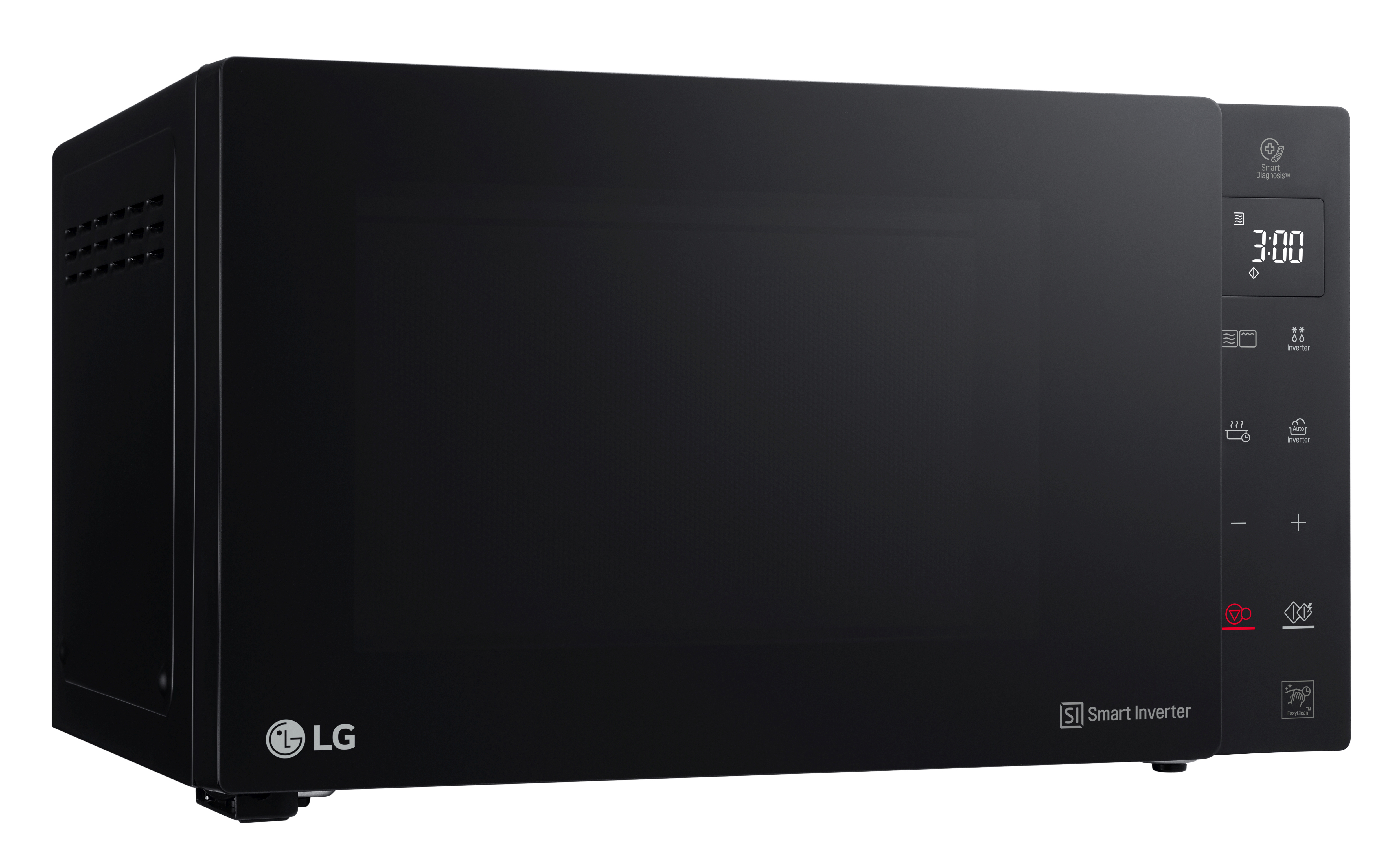 Schwarze Mikrowelle mit digitalem Display und Bedienfeld. LG-Logo ist sichtbar.