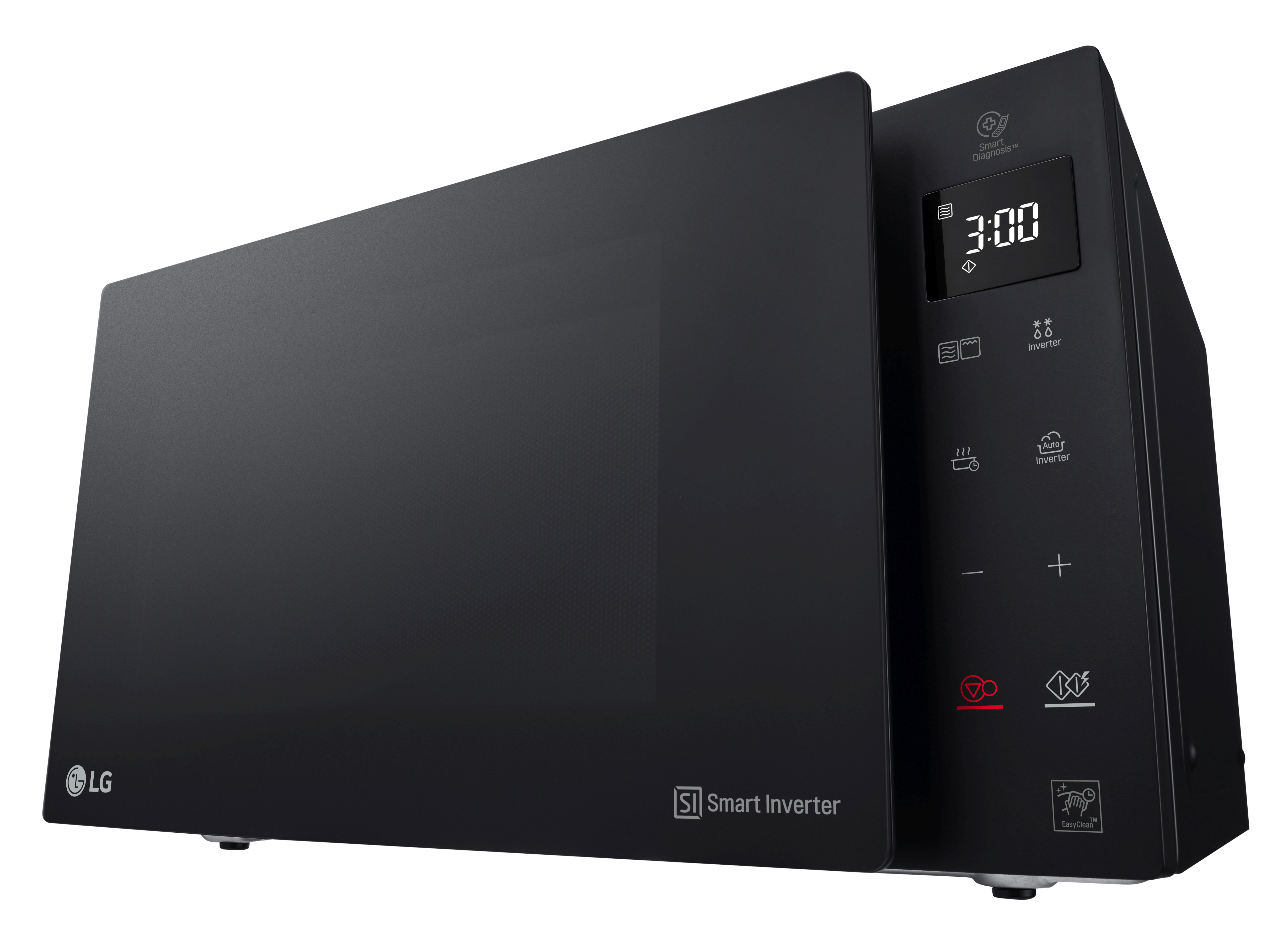 Schwarze Mikrowelle, Seitenansicht, mit Digitalanzeige und Bedienfeld. LG-Logo.