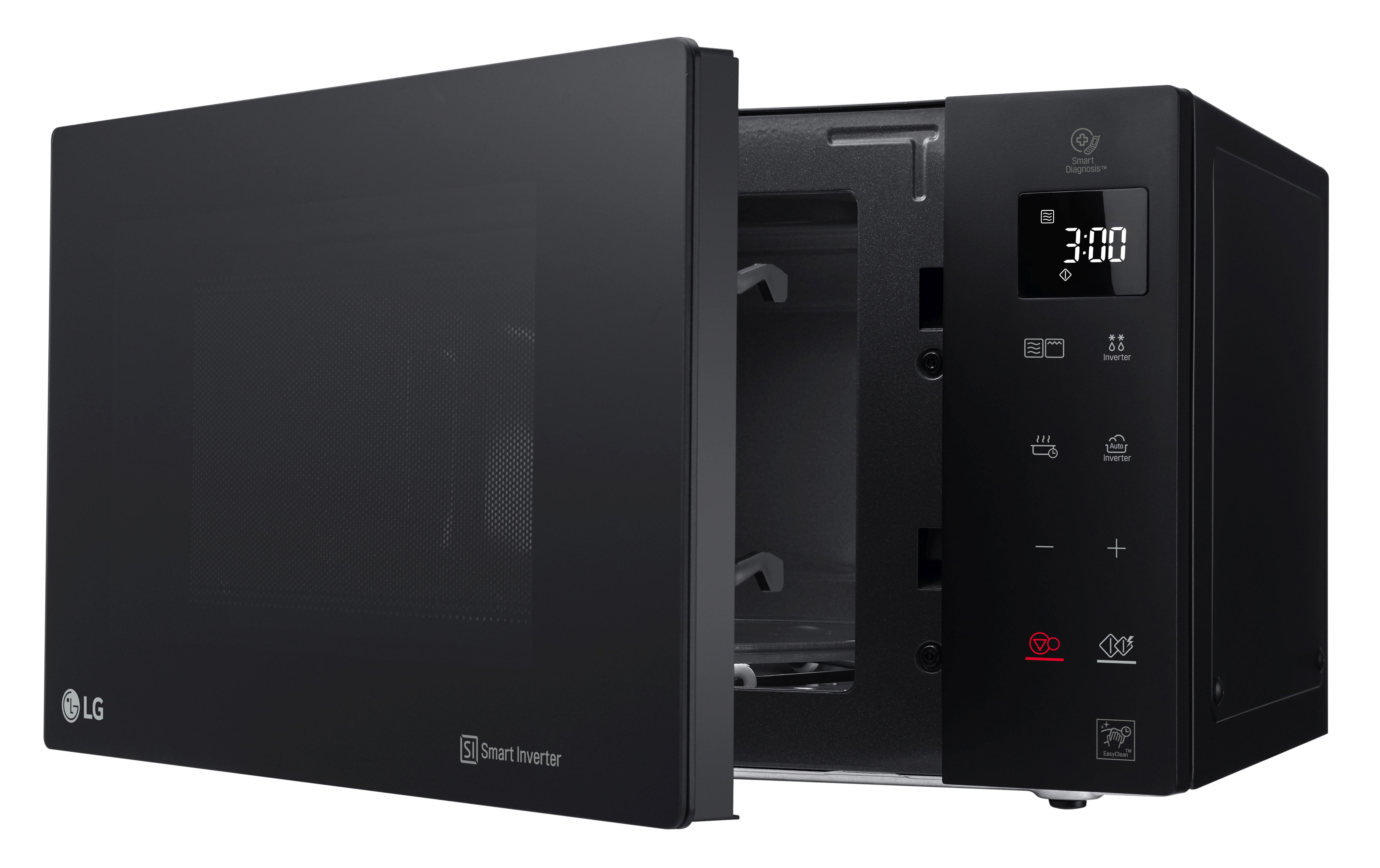 Schwarze Mikrowelle mit geöffneter Tür. Digitalanzeige mit Uhrzeit. Text: LG Smart Inverter.