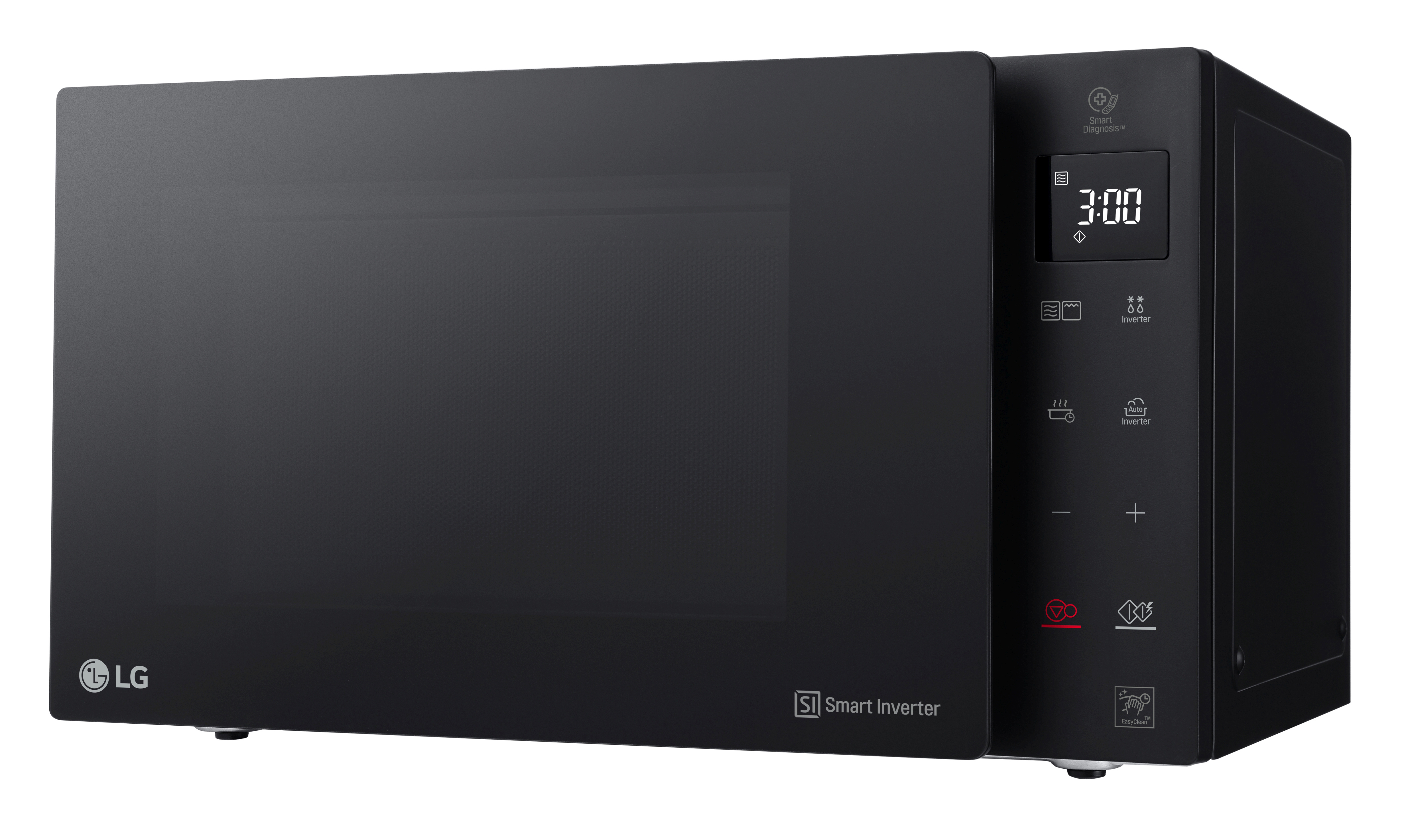 Ein schwarzer LG-Mikrowellenherd mit Digitalanzeige, die die Uhrzeit anzeigt.