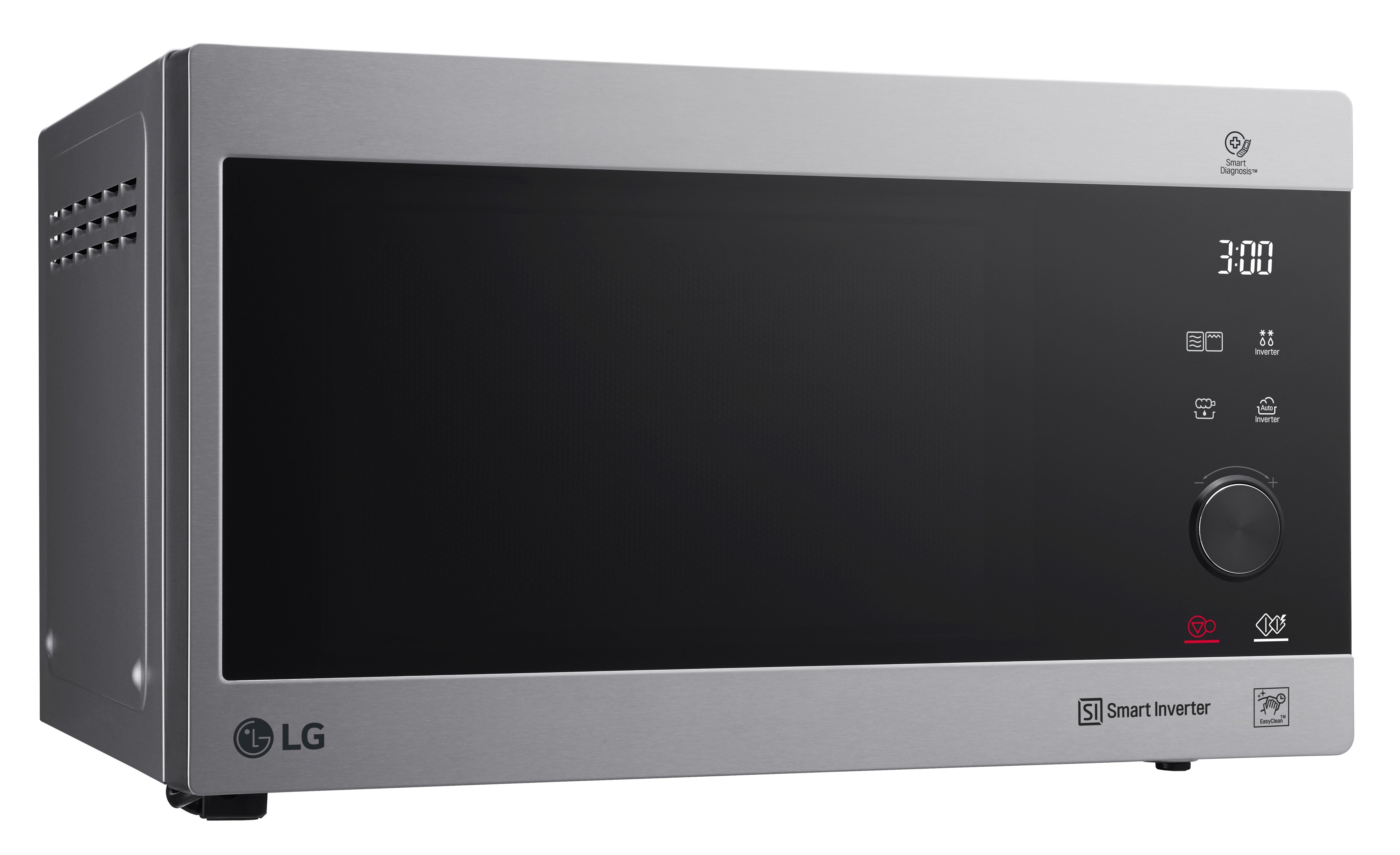 Eine LG-Mikrowelle aus Edelstahl mit schwarzer Tür und Digitalanzeige.