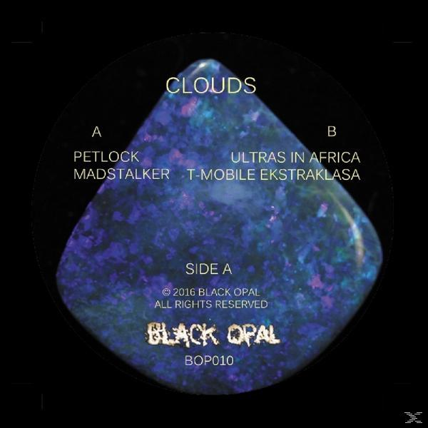 Vinyl-Schallplattenetikett. Schwarze, blaue und lila Farben. Titel: Clouds.