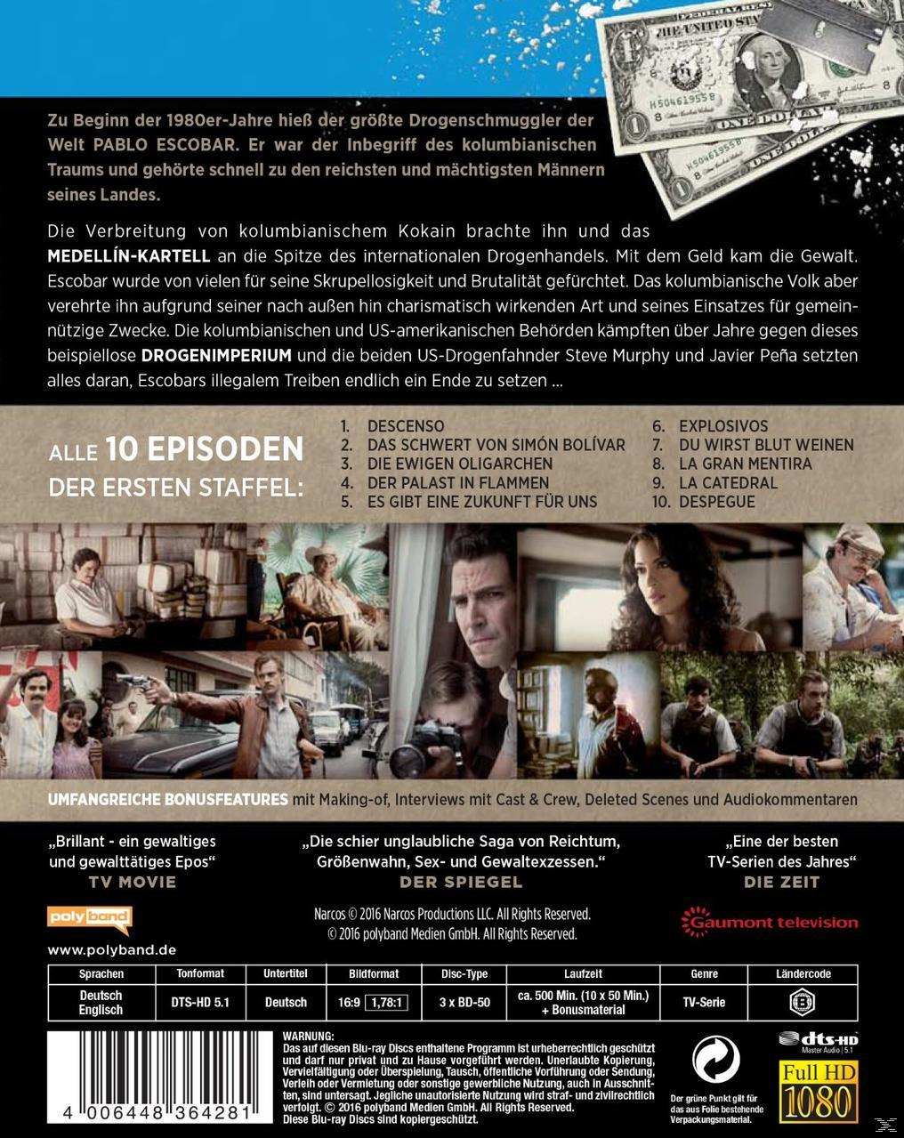 DVD-Cover für Narcos. Text und Bilder aus der Serie. Eine Dollarnote in der Ecke.