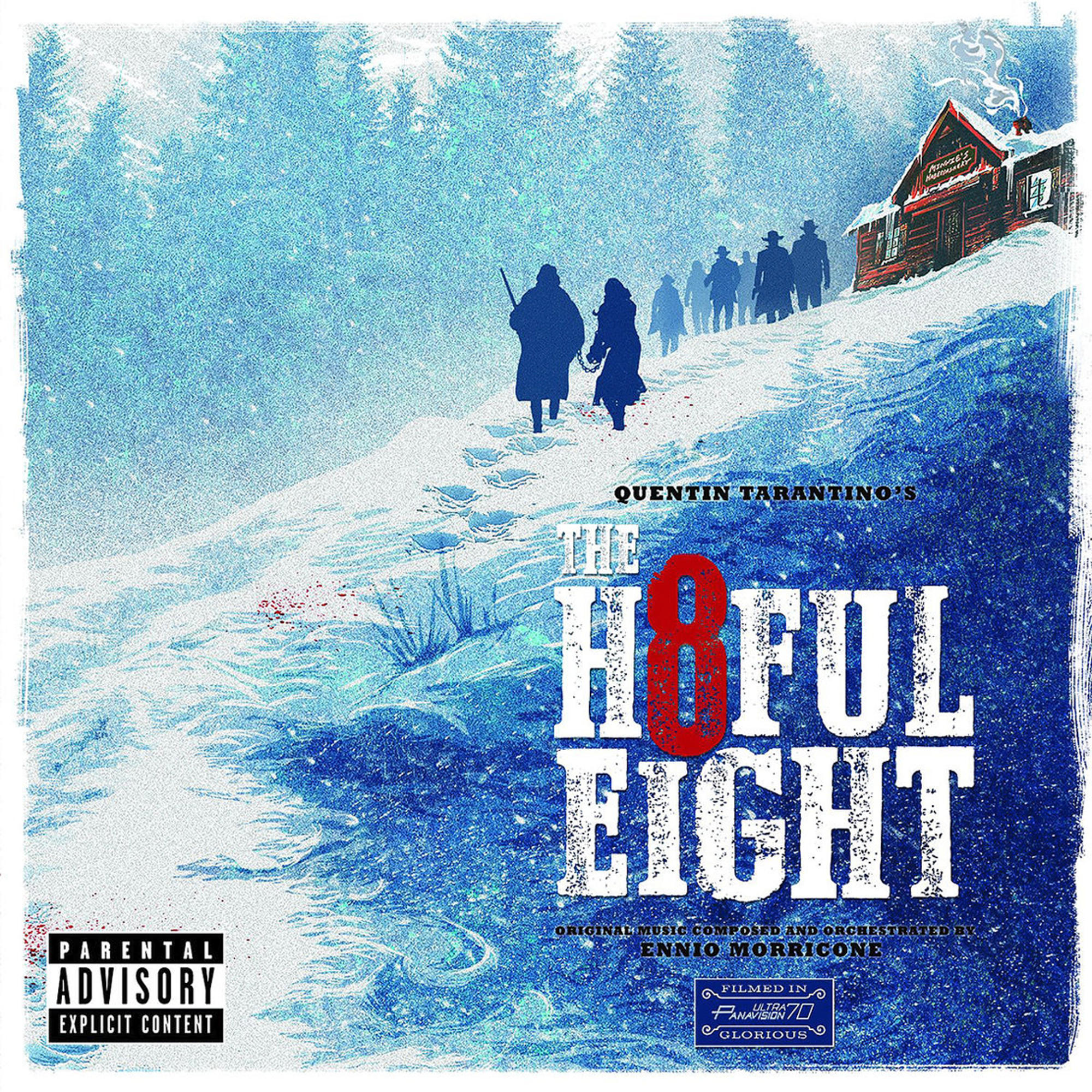 The Hateful Eight Filmcover. Schneebedeckte Szene mit Figuren. Text in Weiß und Rot.