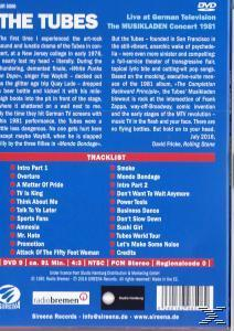 DVD-Rückseite: Text, Titelliste, The Tubes Live-Konzert, blauer Hintergrund, Fotos der Bandmitglieder, Juli 2016.