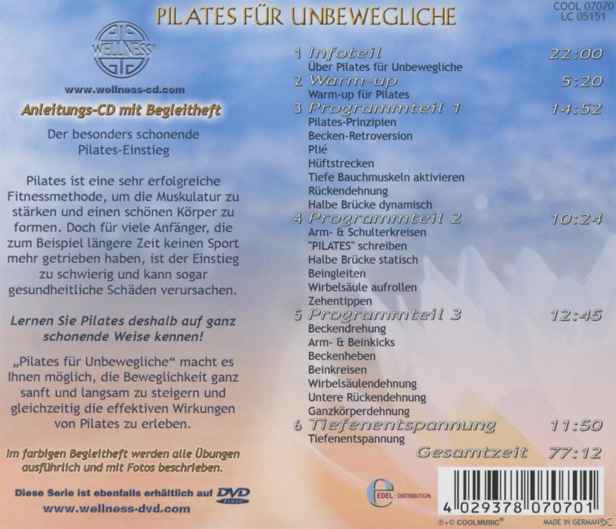 CD-Cover mit Text über Pilates-Übungen. Weißer Hintergrund mit blauem und grünem Text und Grafiken.