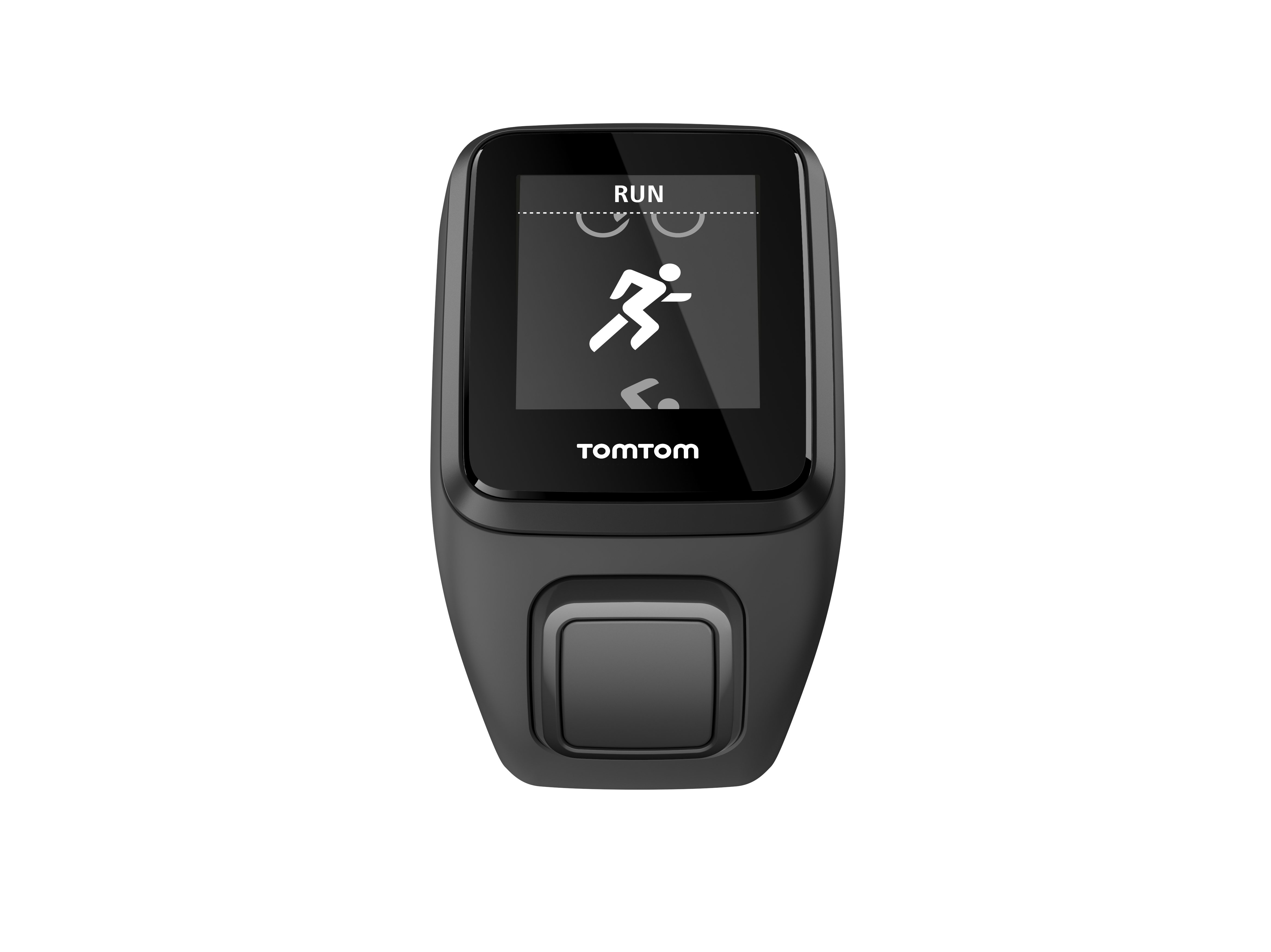 Schwarze TomTom-Uhr mit einem Bildschirm, der Lauf- und Fahrradsymbole zeigt.