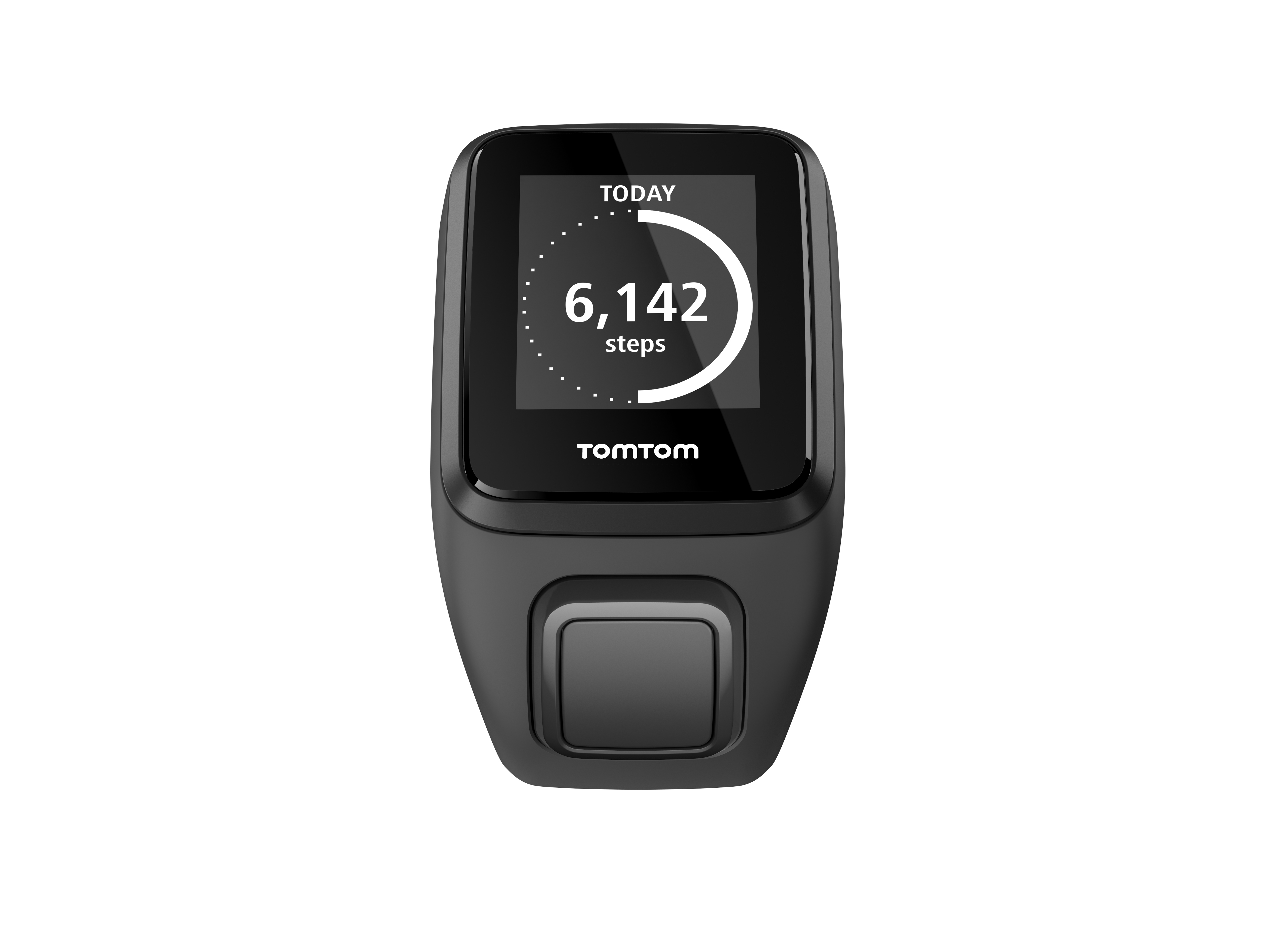 Ein schwarzer TomTom Fitnesstracker mit Bildschirm, der Schritte anzeigt: 6.142.